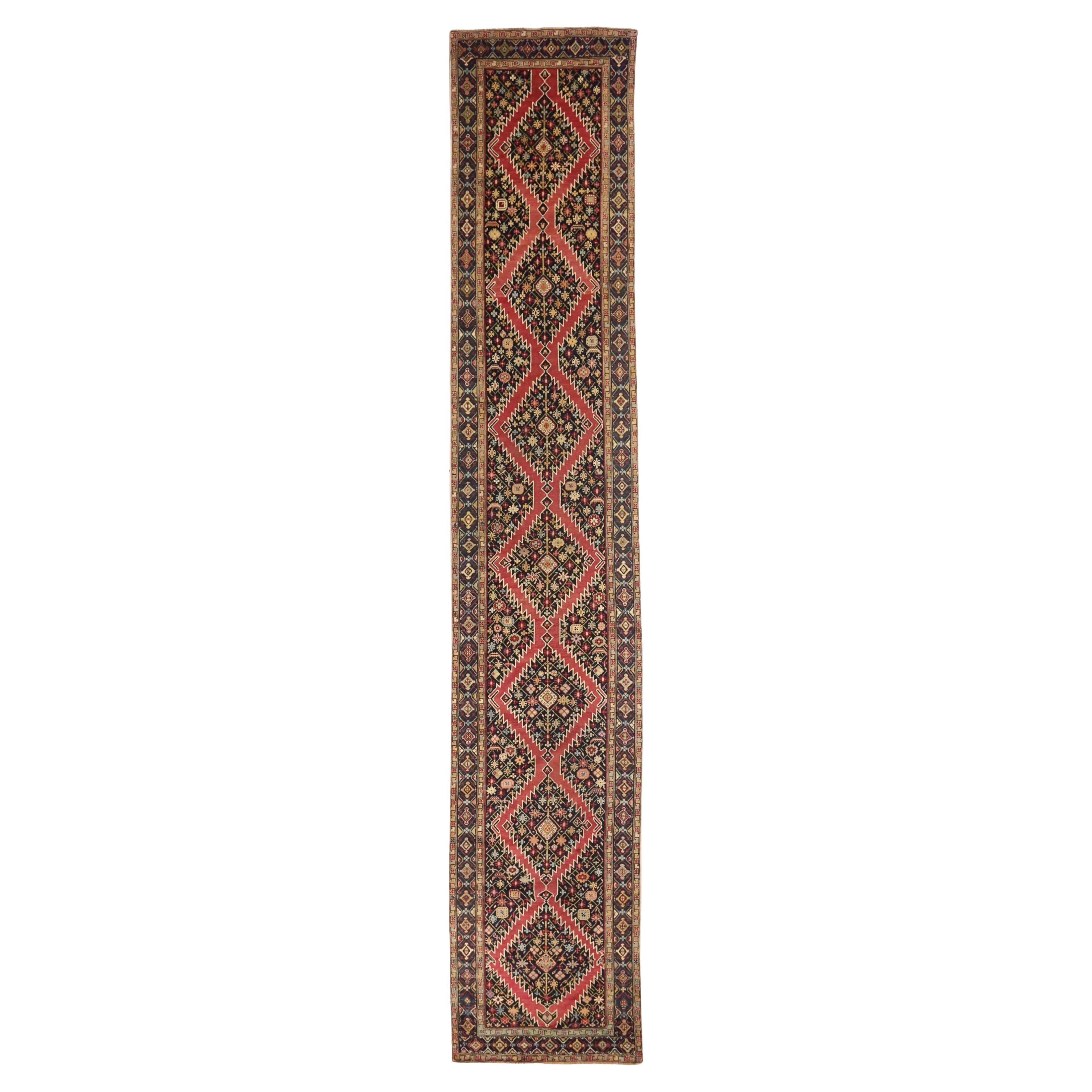 Russische Karabagh Läufer Teppich CIRCA 1910 - Wolle Elfenbein Marineblau Rot Design - 75153