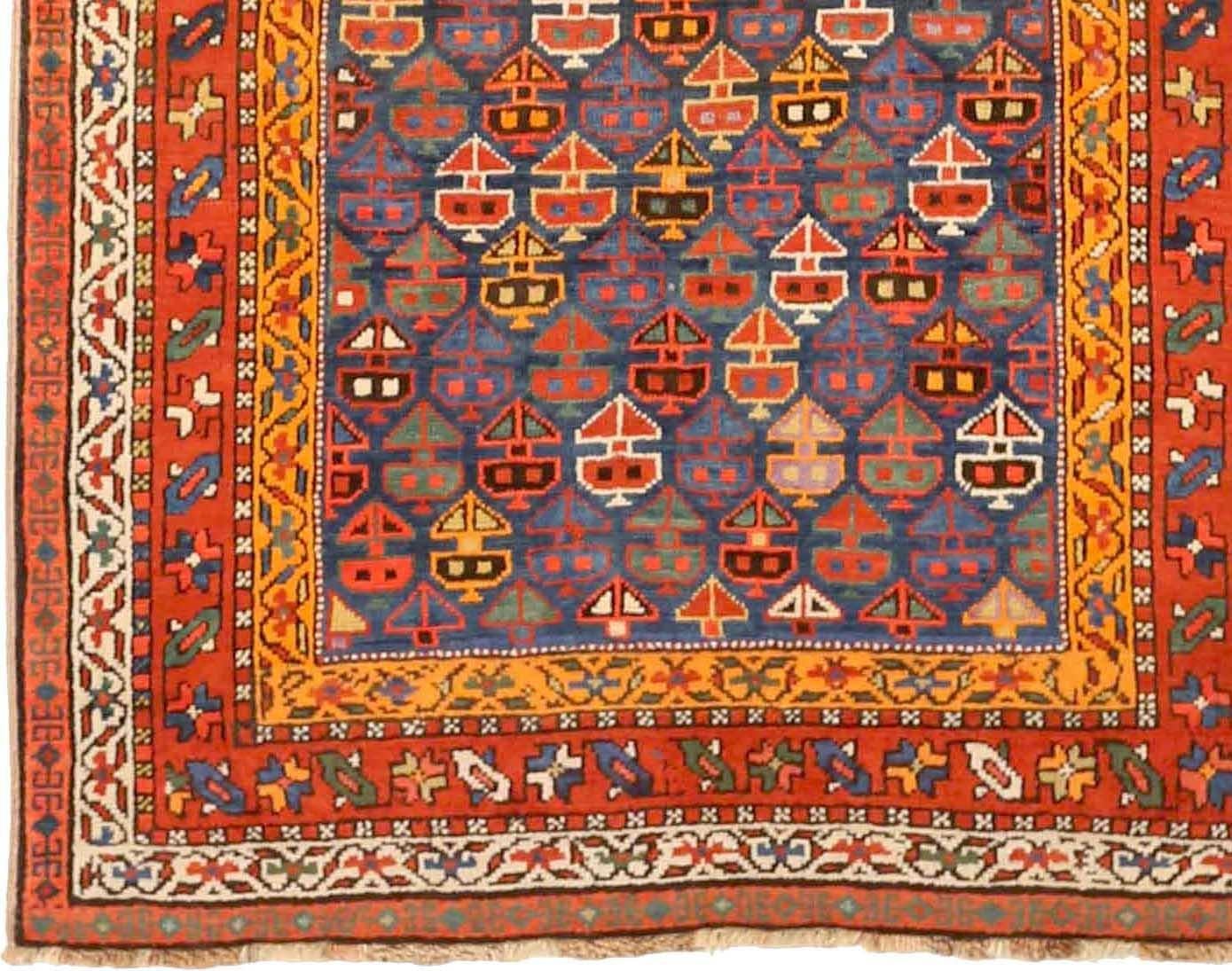 Russischer Karabagh Kleiner Teppich CIRCA 1910 - Wolle Blau Rot Gelb 72132 im Zustand „Hervorragend“ im Angebot in Dallas, TX