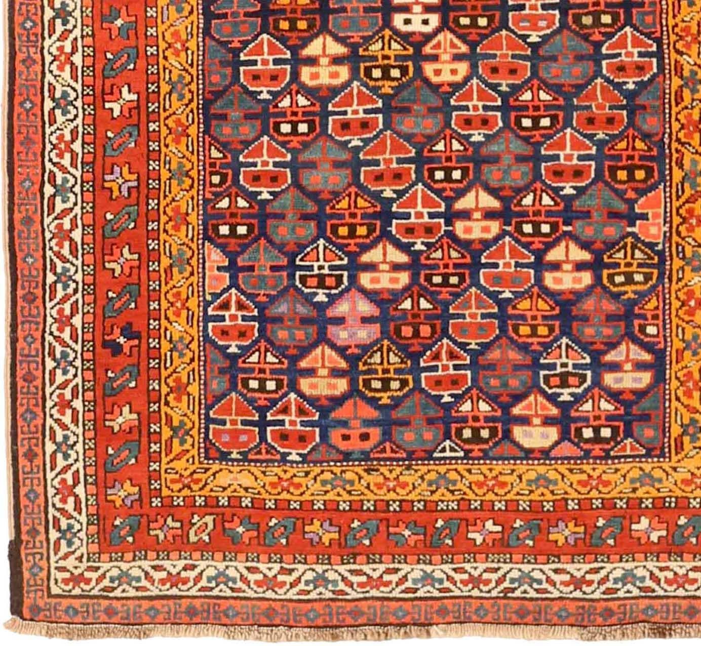Russischer Karabagh Kleiner Teppich CIRCA 1910 - Wolle Blau Rot Gelb 72133 im Zustand „Hervorragend“ im Angebot in Dallas, TX