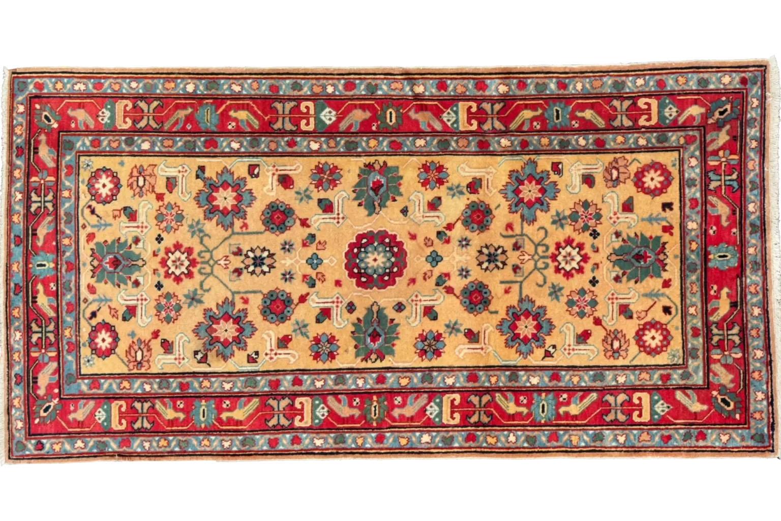 Tribal Petit tapis russe Karabagh datant d'environ 1910 - Laine bleu rouge jaune 72196 en vente