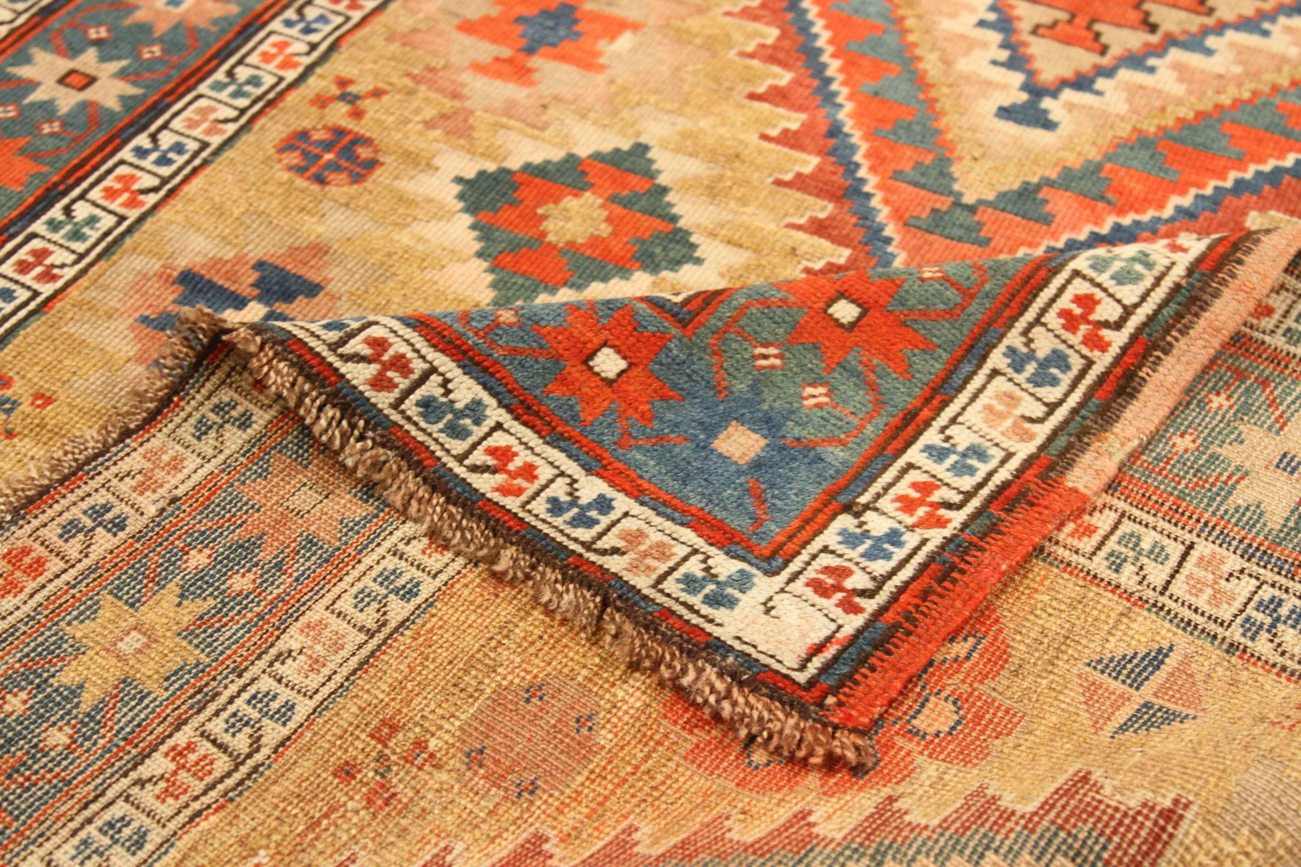 Russischer Karabagh Kleiner Teppich CIRCA 1910 - Wolle Blau Rot Gelb 72549 im Zustand „Hervorragend“ im Angebot in Dallas, TX