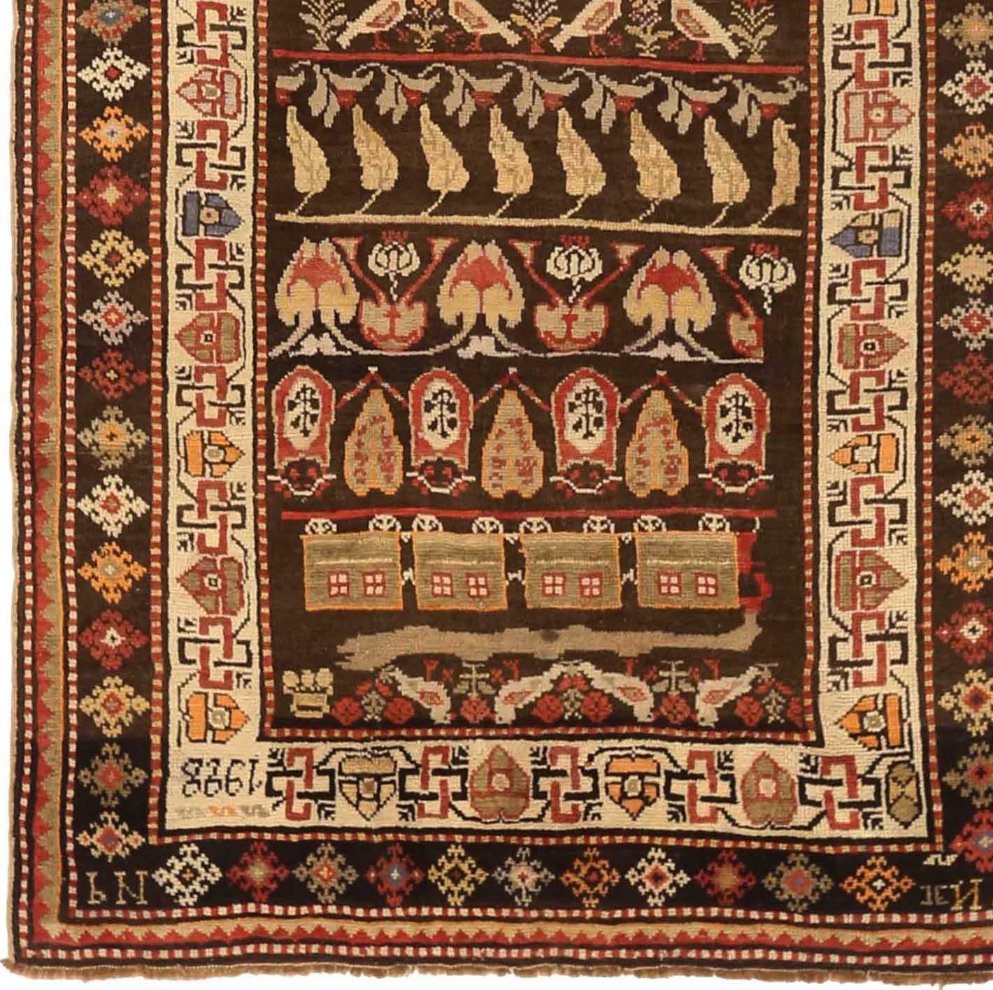 Russischer Karabagh Kleiner Teppich CIRCA 1910 - Wolle Braun Elfenbein Rot 72786 im Zustand „Hervorragend“ im Angebot in Dallas, TX