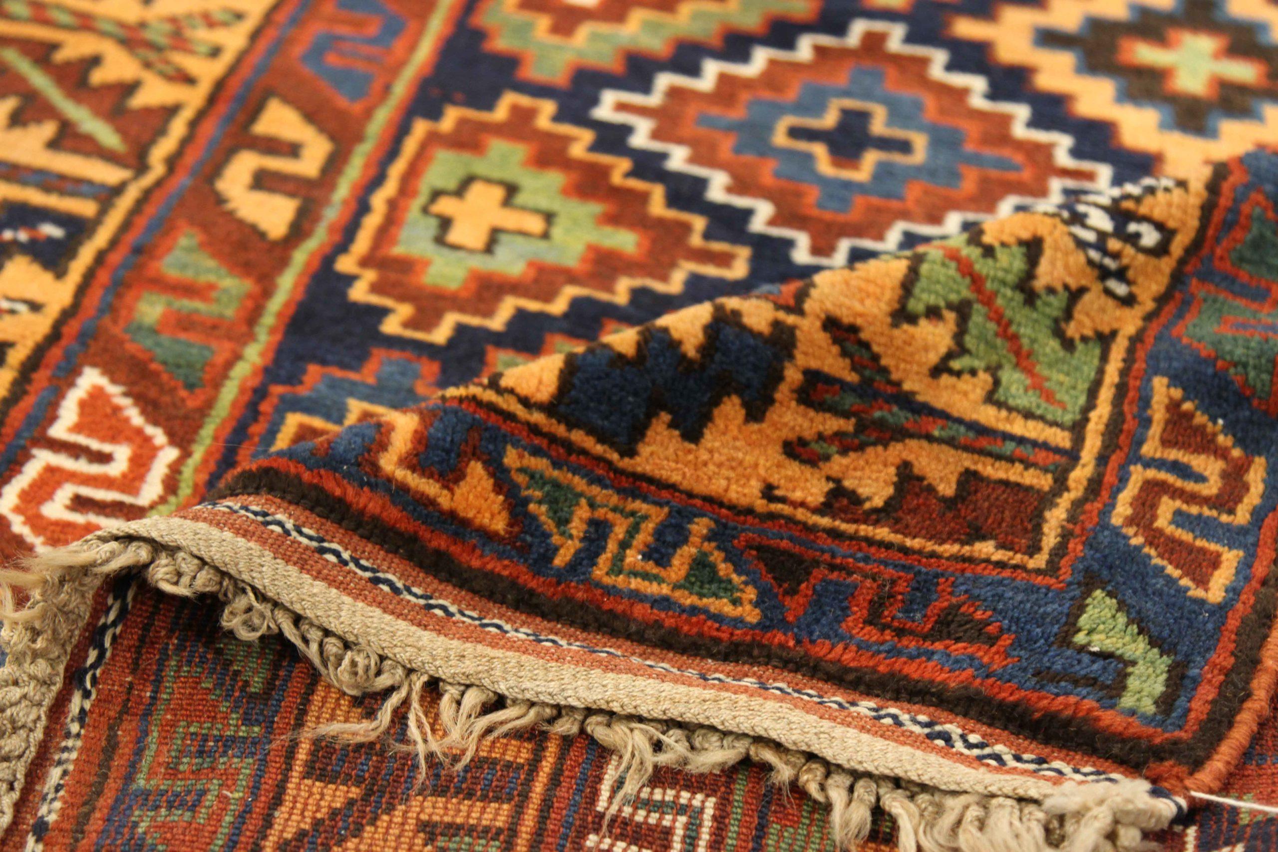 Russian Kazak Runner Rug - Wool Blue Green Navy Blue Red - 75139 In Excellent Condition For Sale In Dallas, TX