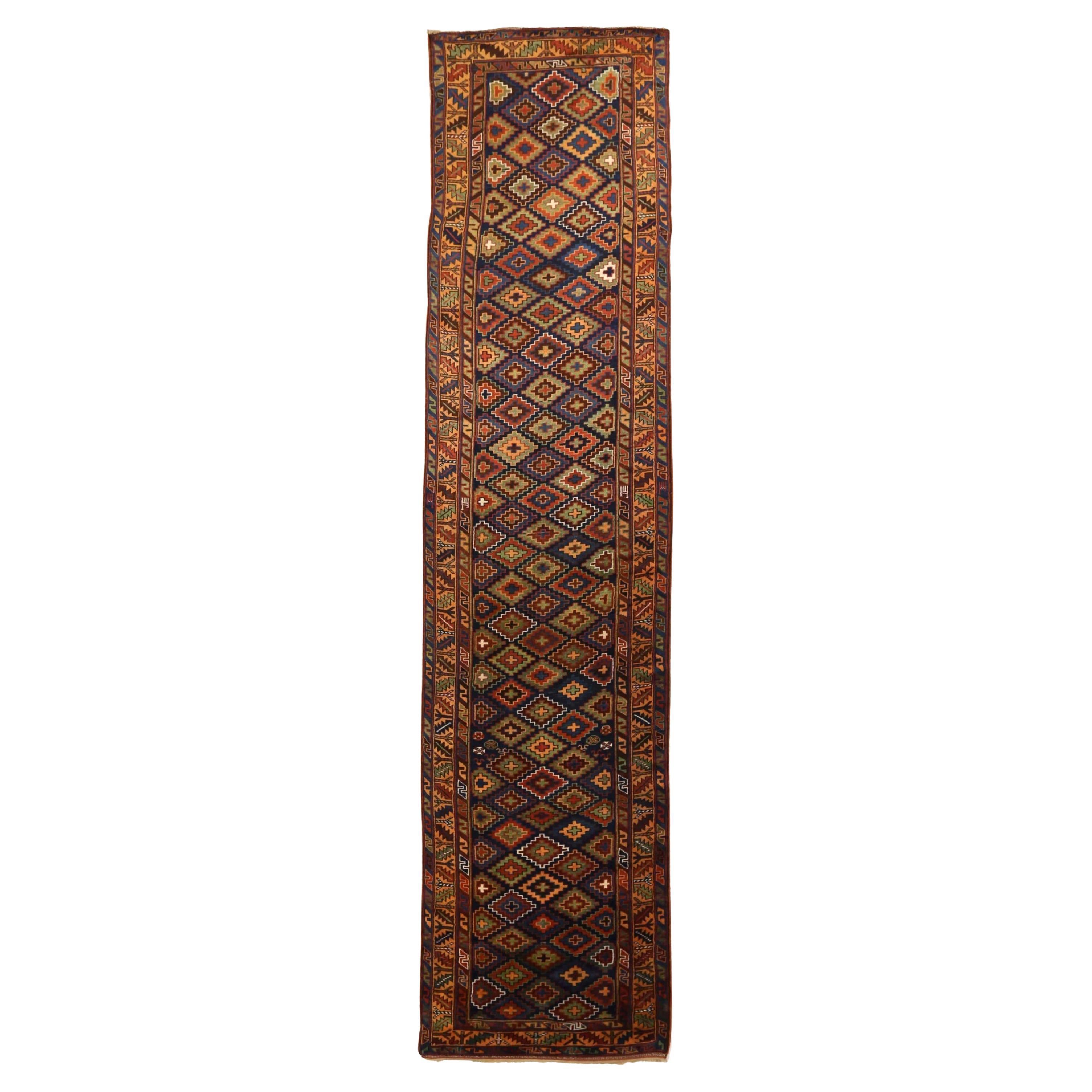 Russian Kazak Runner Rug - Wool Blue Green Navy Blue Red - 75139