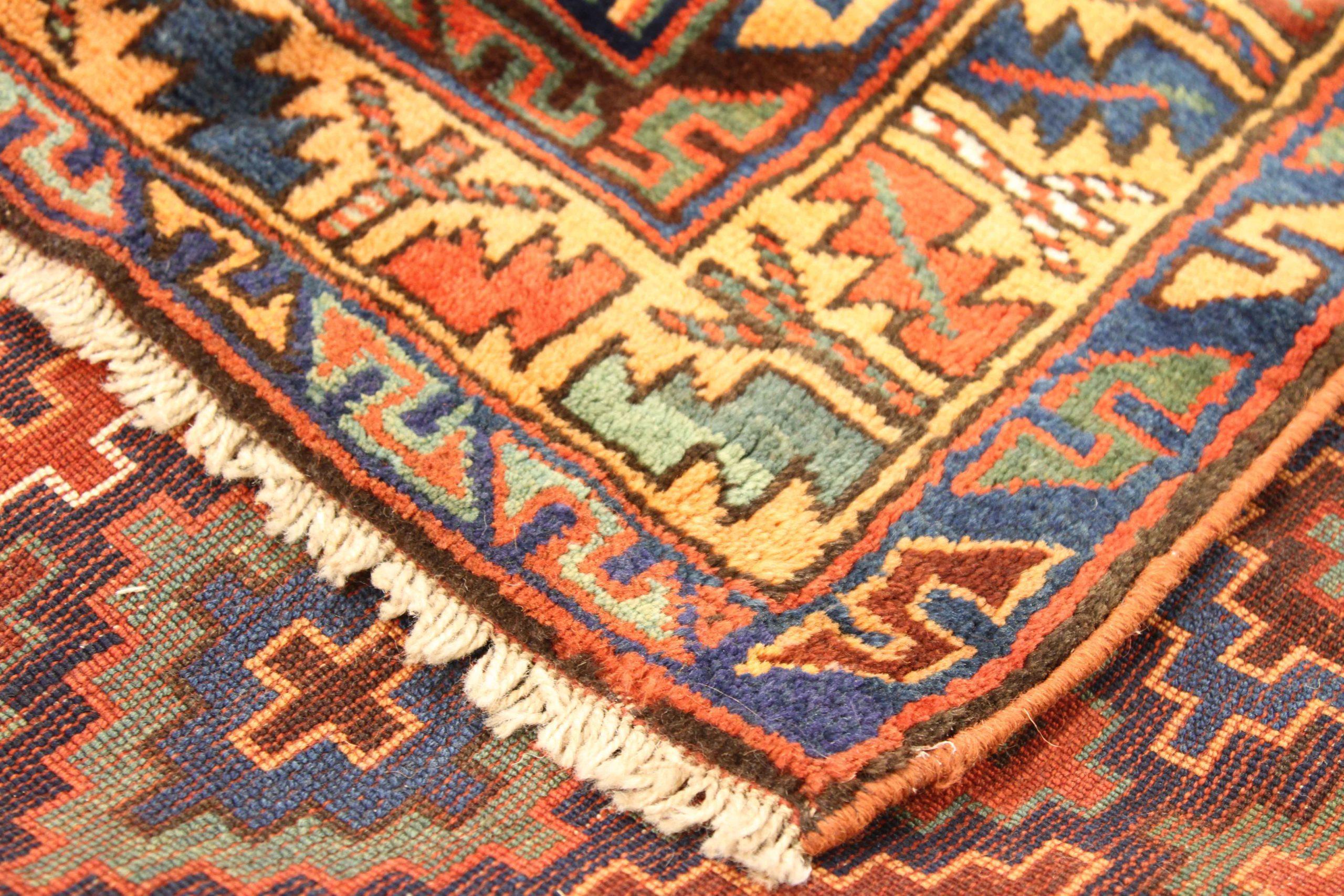 Russian Kazak Runner Rug - Wool Blue Green Navy Blue Red - 75140 In Excellent Condition For Sale In Dallas, TX