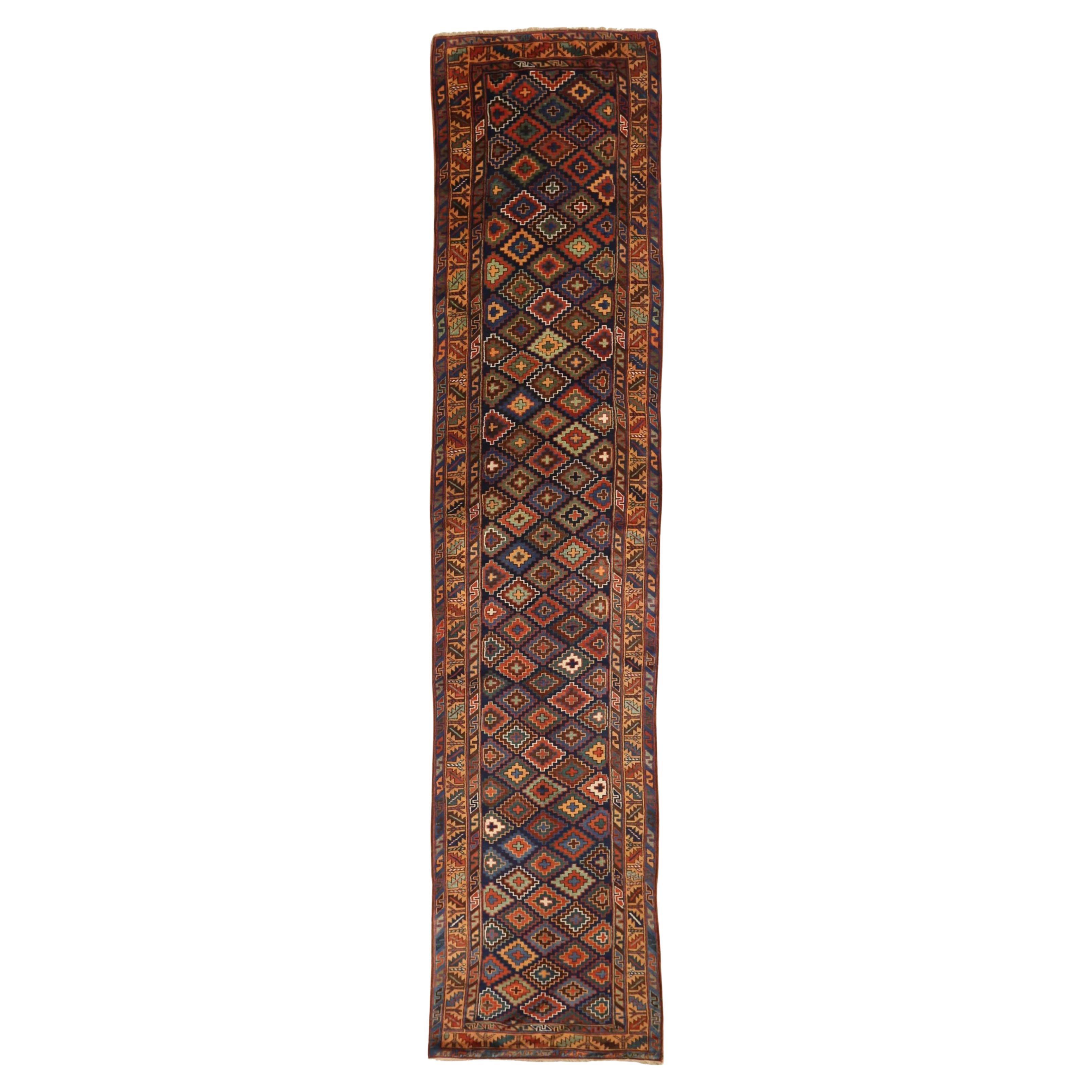 Russian Kazak Runner Rug - Wool Blue Green Navy Blue Red - 75140 For Sale