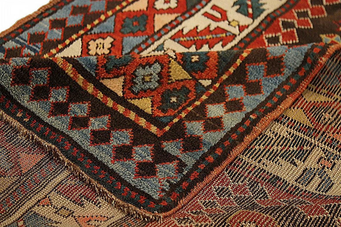 Russische Kazak Läufer Teppich CIRCA 1910 - Wolle Blau Elfenbein Rot Gelb 71525 (20. Jahrhundert) im Angebot