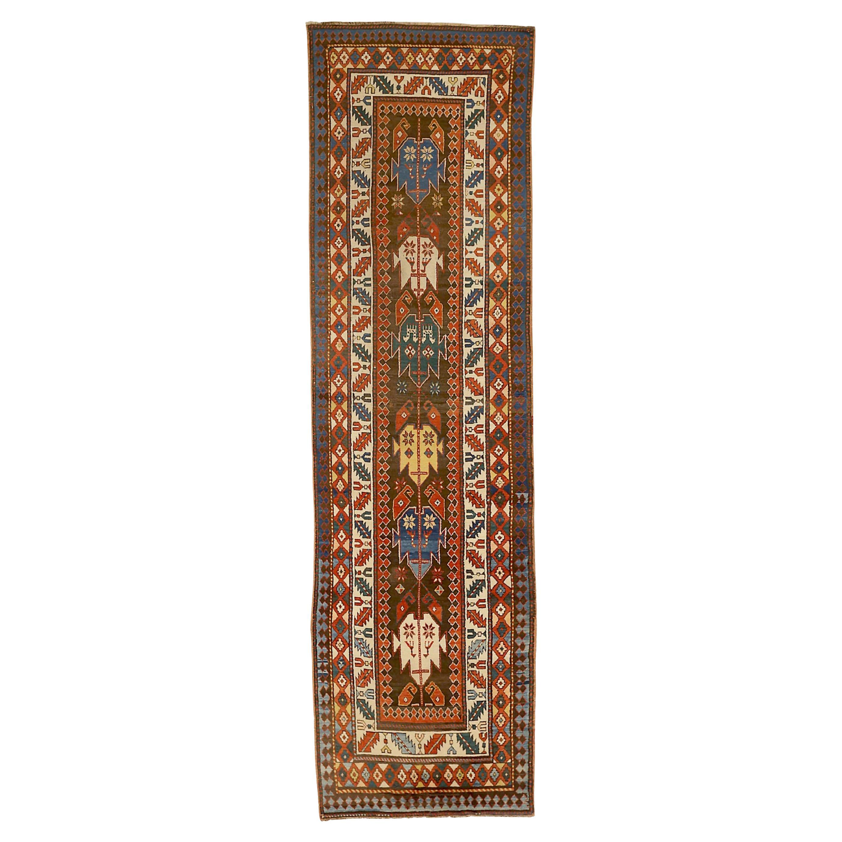 Russische Kazak Läufer Teppich CIRCA 1910 - Wolle Blau Elfenbein Rot Gelb 71525