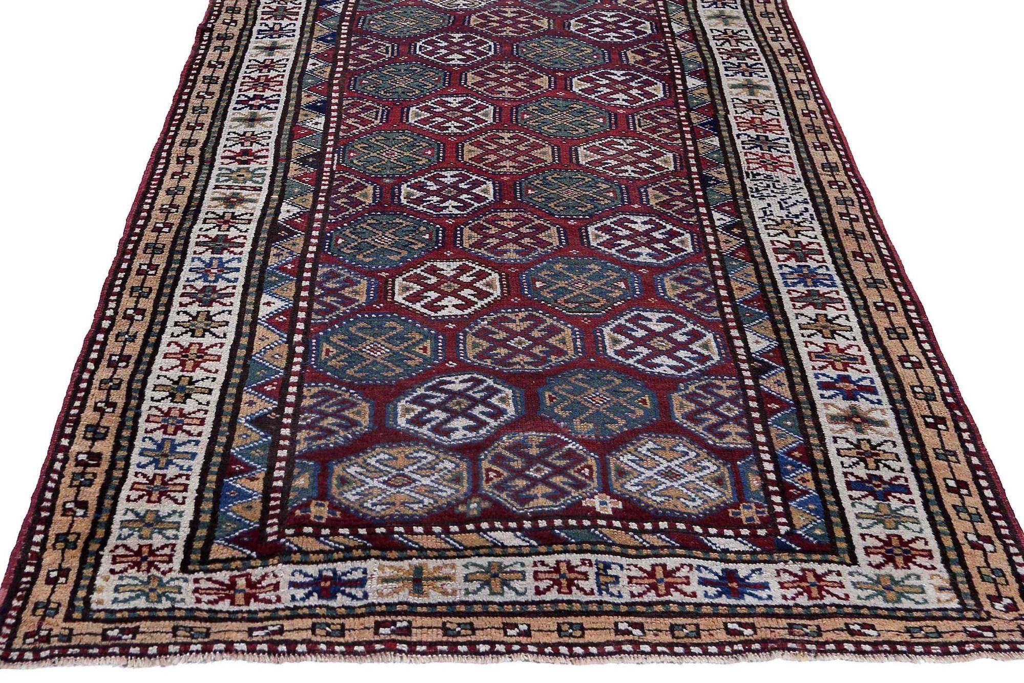 Russischer Kazak-Läufer aus Wolle in Blau, Elfenbein und Rot mit Design - 97893 (20. Jahrhundert) im Angebot