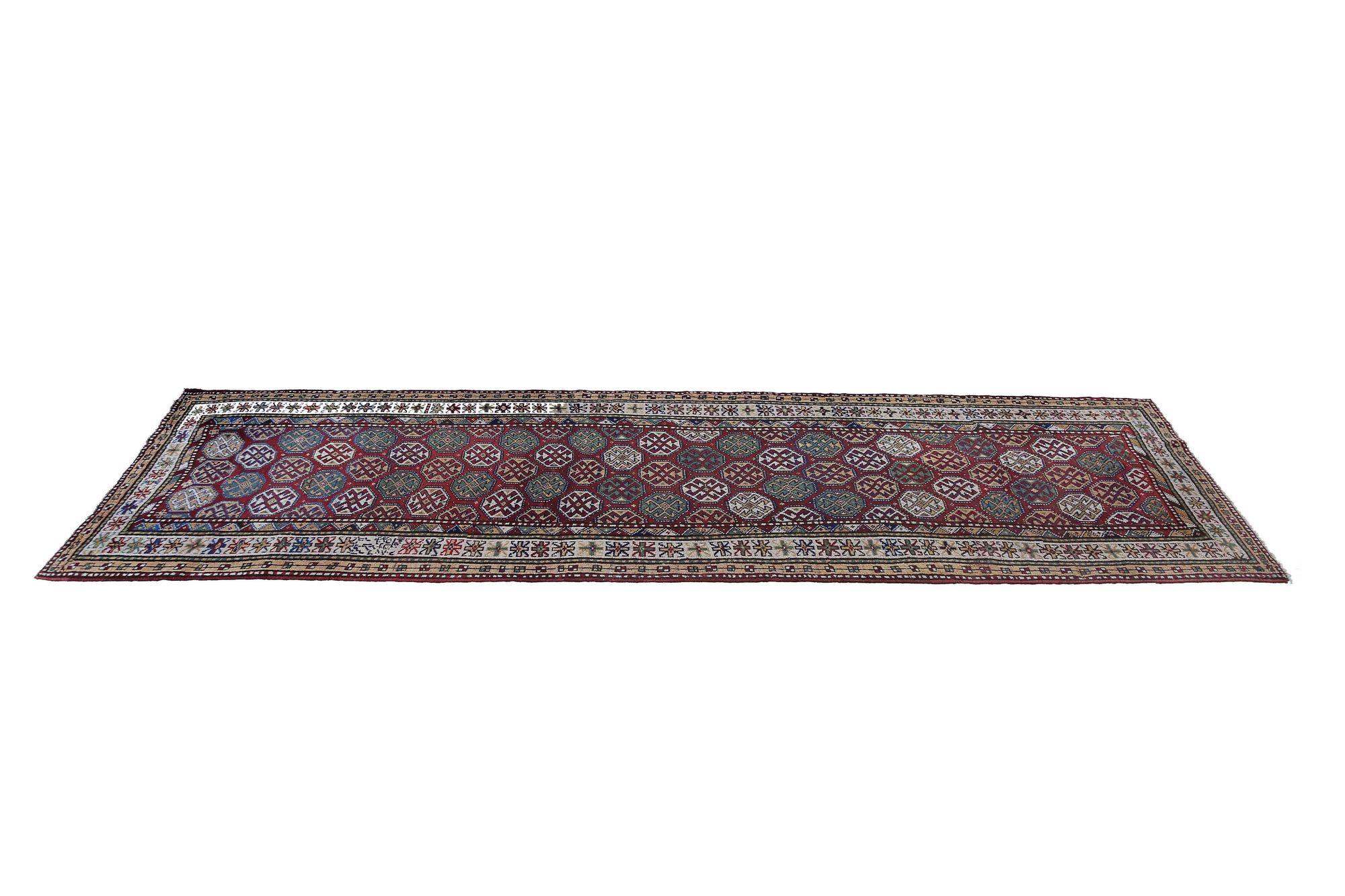 Russischer Kazak-Läufer aus Wolle in Blau, Elfenbein und Rot mit Design - 97893 im Angebot 1