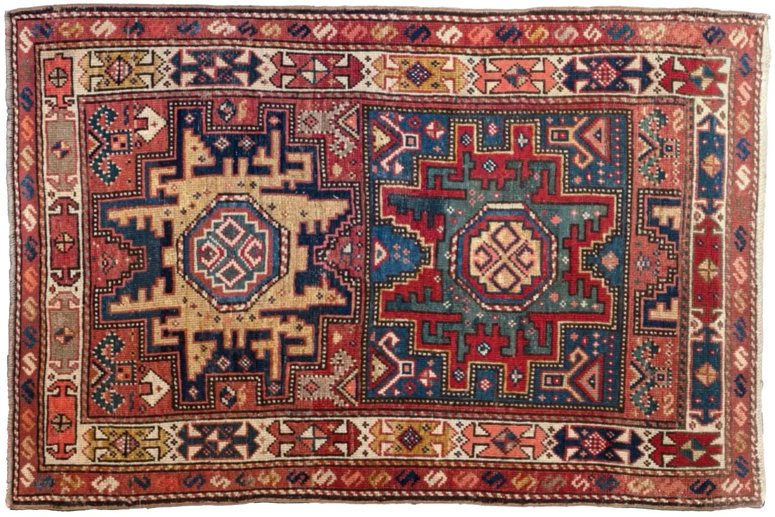 Alfombra Rusa Kazak Pequeña Circa 1910 - Lana Azul Rojo Amarillo 72689 Kazajo en venta