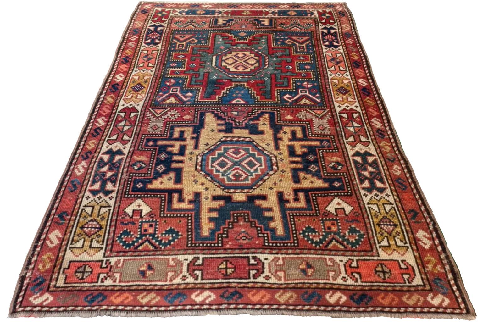 Alfombra Rusa Kazak Pequeña Circa 1910 - Lana Azul Rojo Amarillo 72689 Ruso en venta