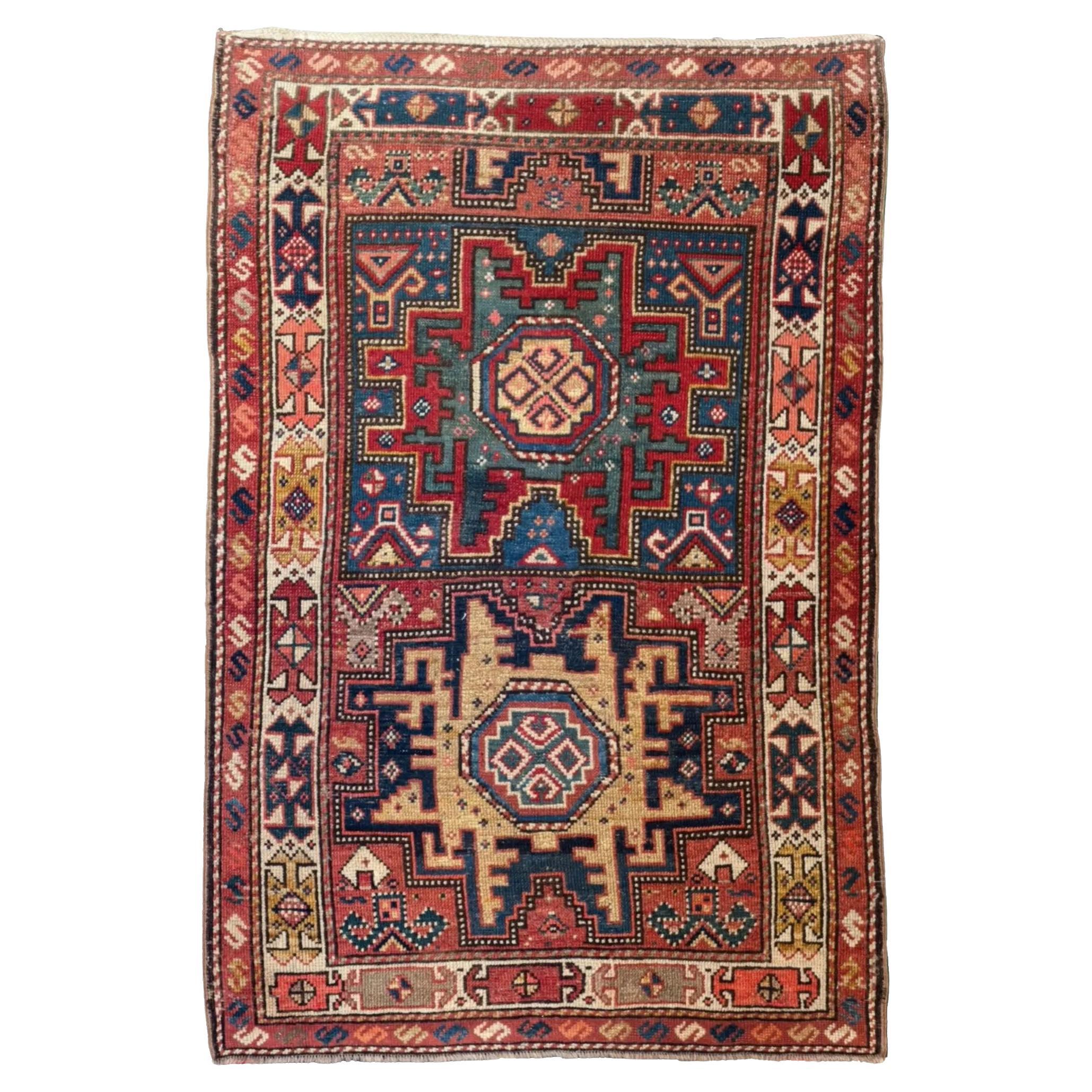 Alfombra Rusa Kazak Pequeña Circa 1910 - Lana Azul Rojo Amarillo 72689