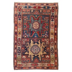 Alfombra Rusa Kazak Pequeña Circa 1910 - Lana Azul Rojo Amarillo 72689