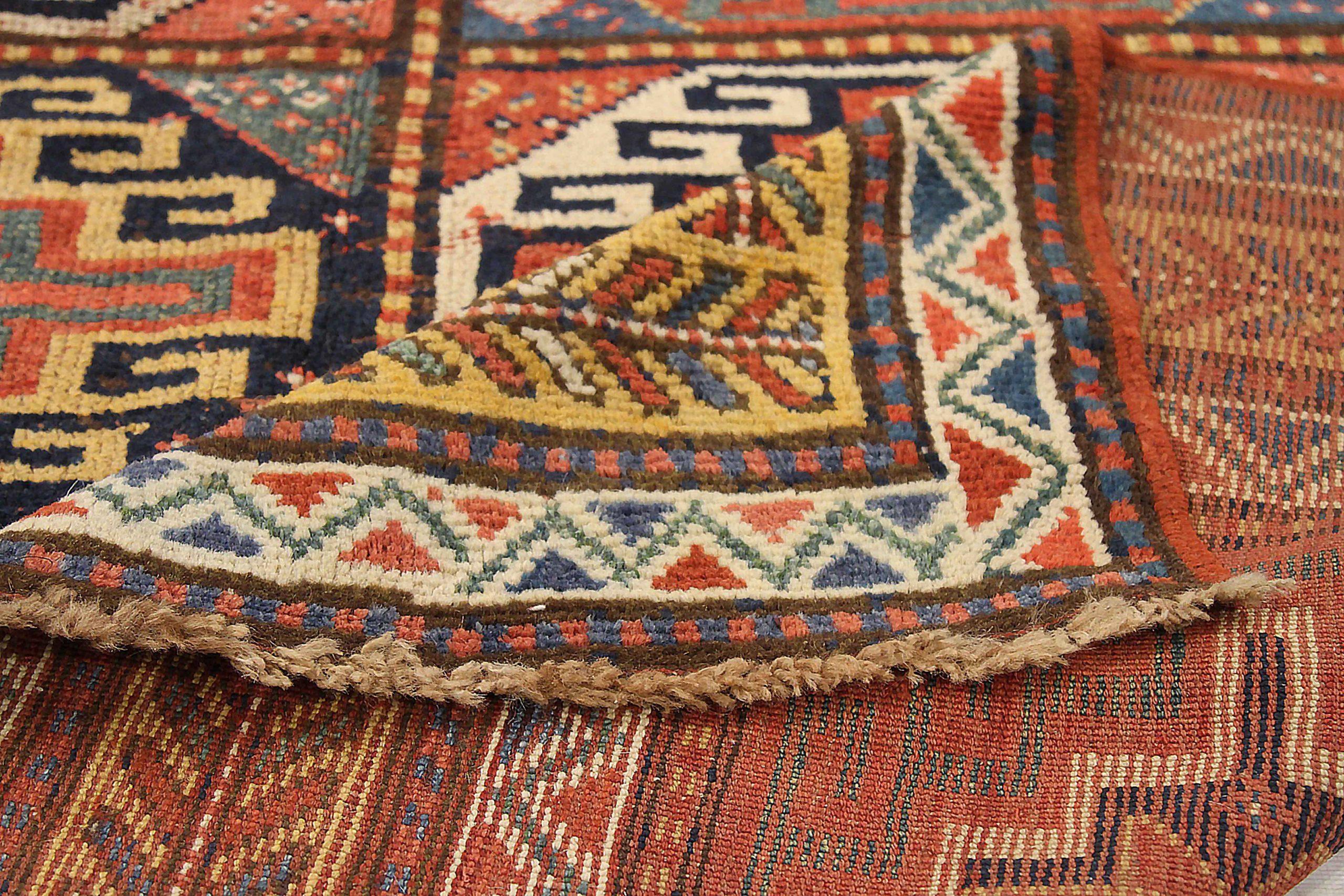Russischer Kazak Kleiner Teppich CIRCA 1910 - Wolle Blau Rot Gelb 72427 (20. Jahrhundert) im Angebot