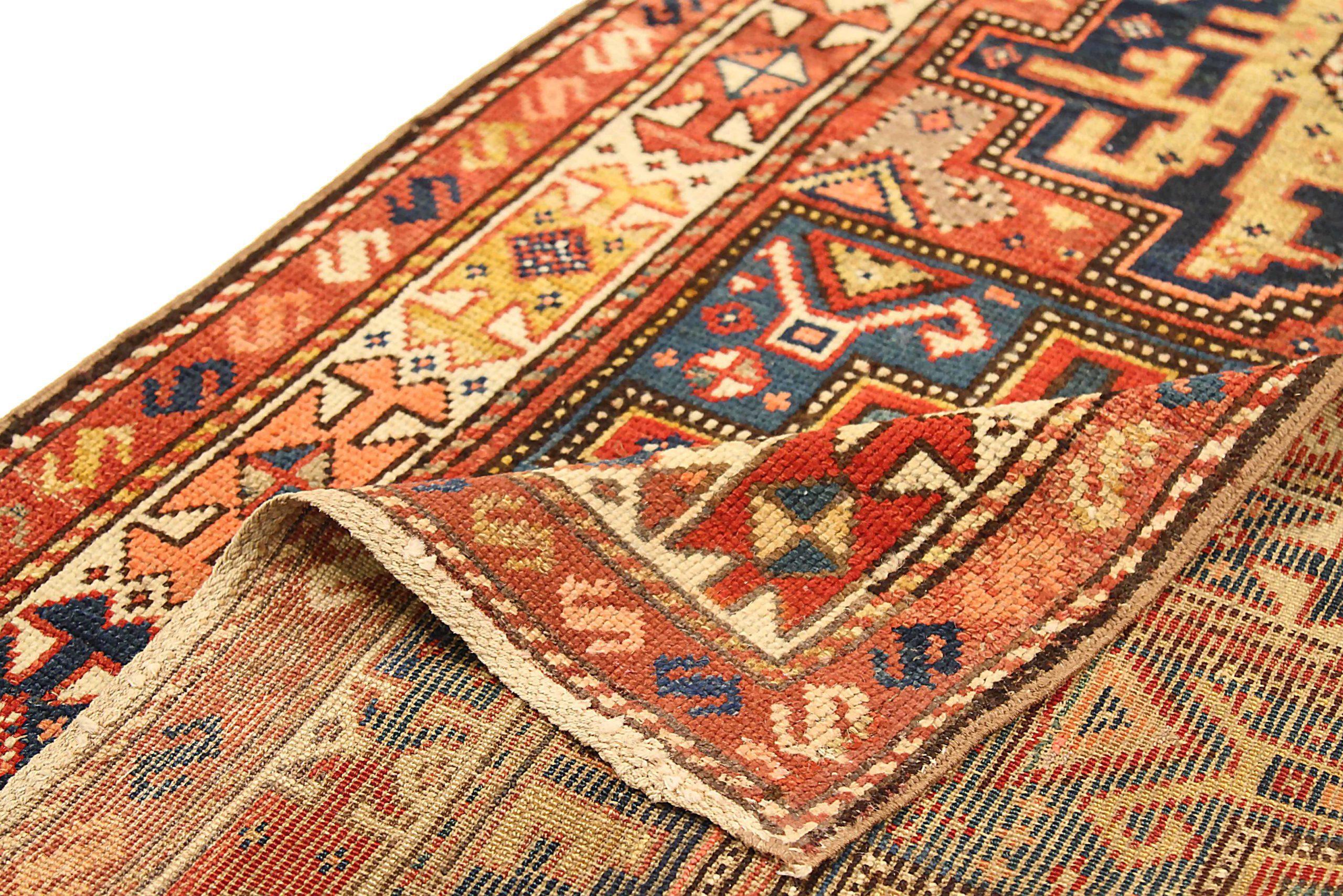 Russischer Kazak Kleiner Teppich CIRCA 1910 - Wolle Blau Rot Gelb 72689 (20. Jahrhundert) im Angebot