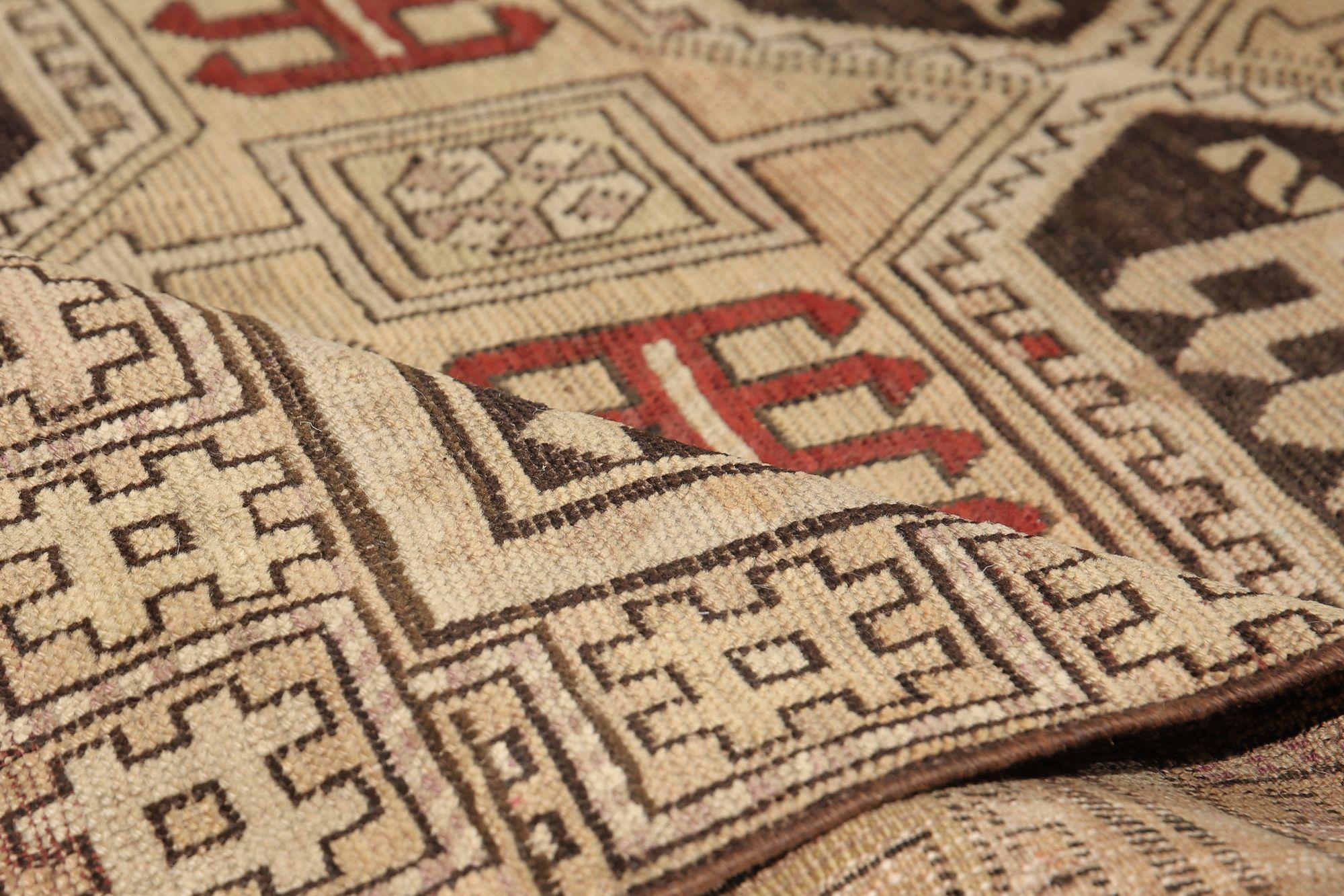 20th Century Russian Kazak Small Rug - Wool Brown Ivory Design - 97710 For Sale