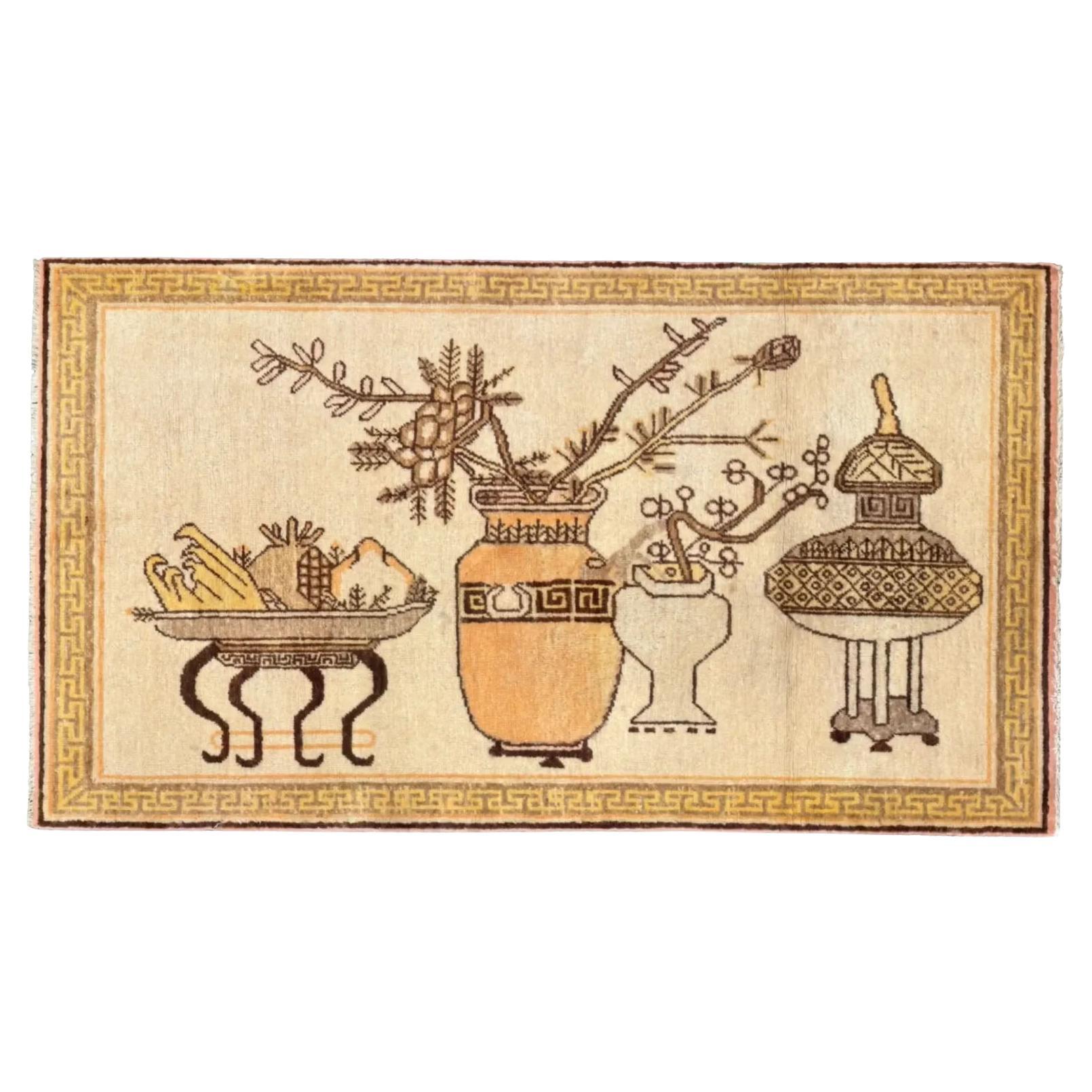 Petit tapis russe Khotan - Laine ivoire jaune ivoire 73803 en vente