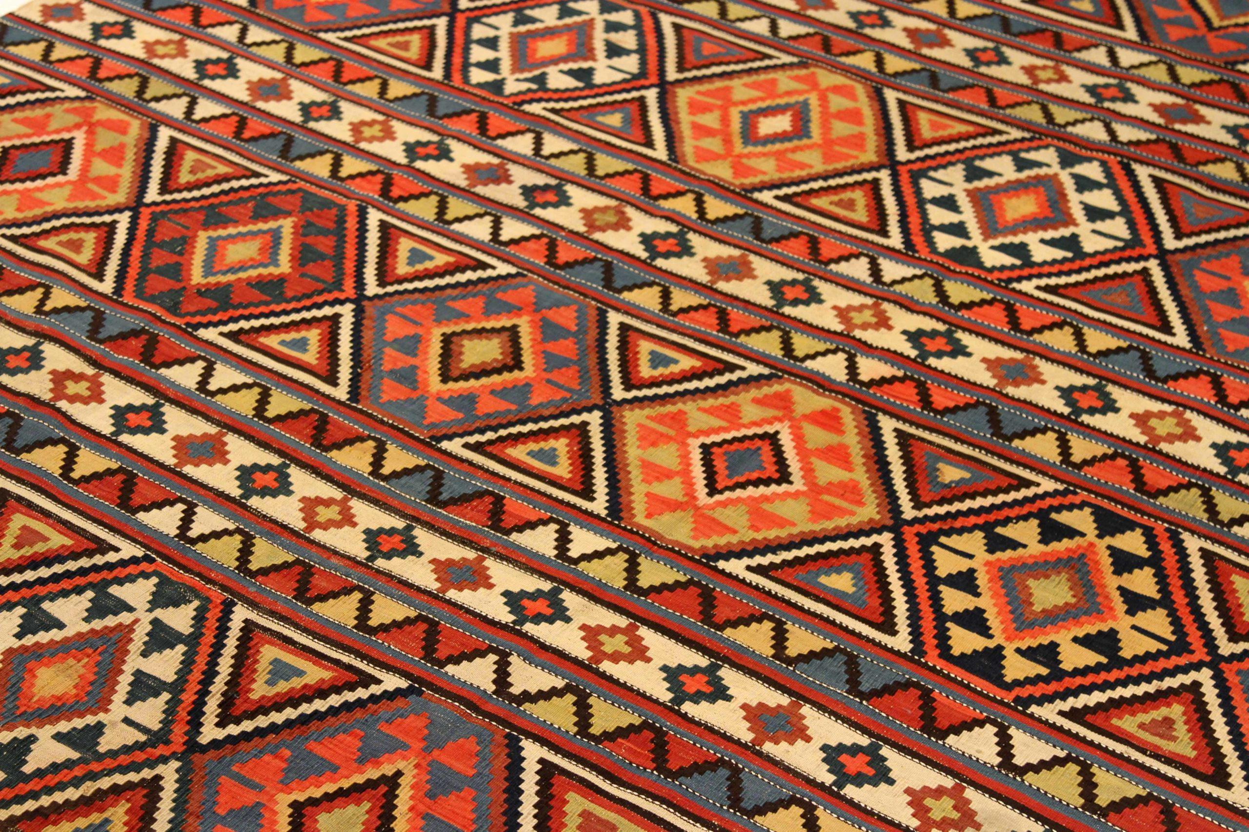 Russian Kilim Area Rugs - Wool Blue Red Yellow 73899 In Excellent Condition For Sale In Dallas, TX