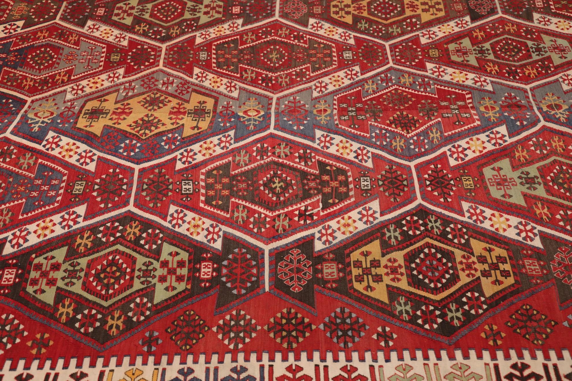 Kilim Antique Russian Area Rug Circa 1910 - Wool Blue Green Ivory Red Design - 99583 For Sale