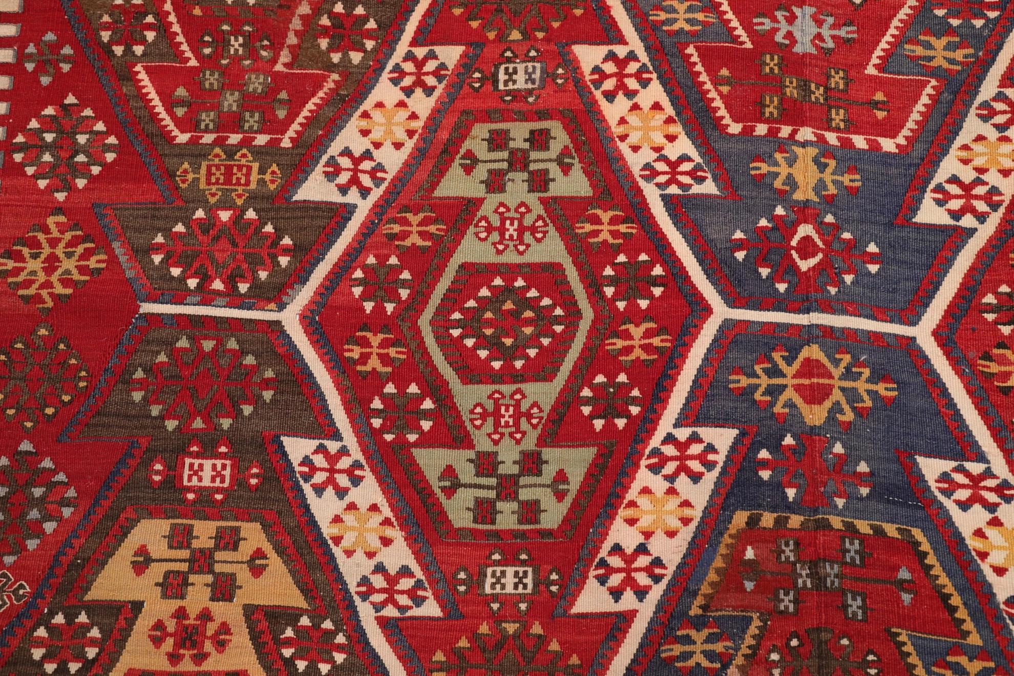 Hand-Knotted Antique Russian Area Rug Circa 1910 - Wool Blue Green Ivory Red Design - 99583 For Sale