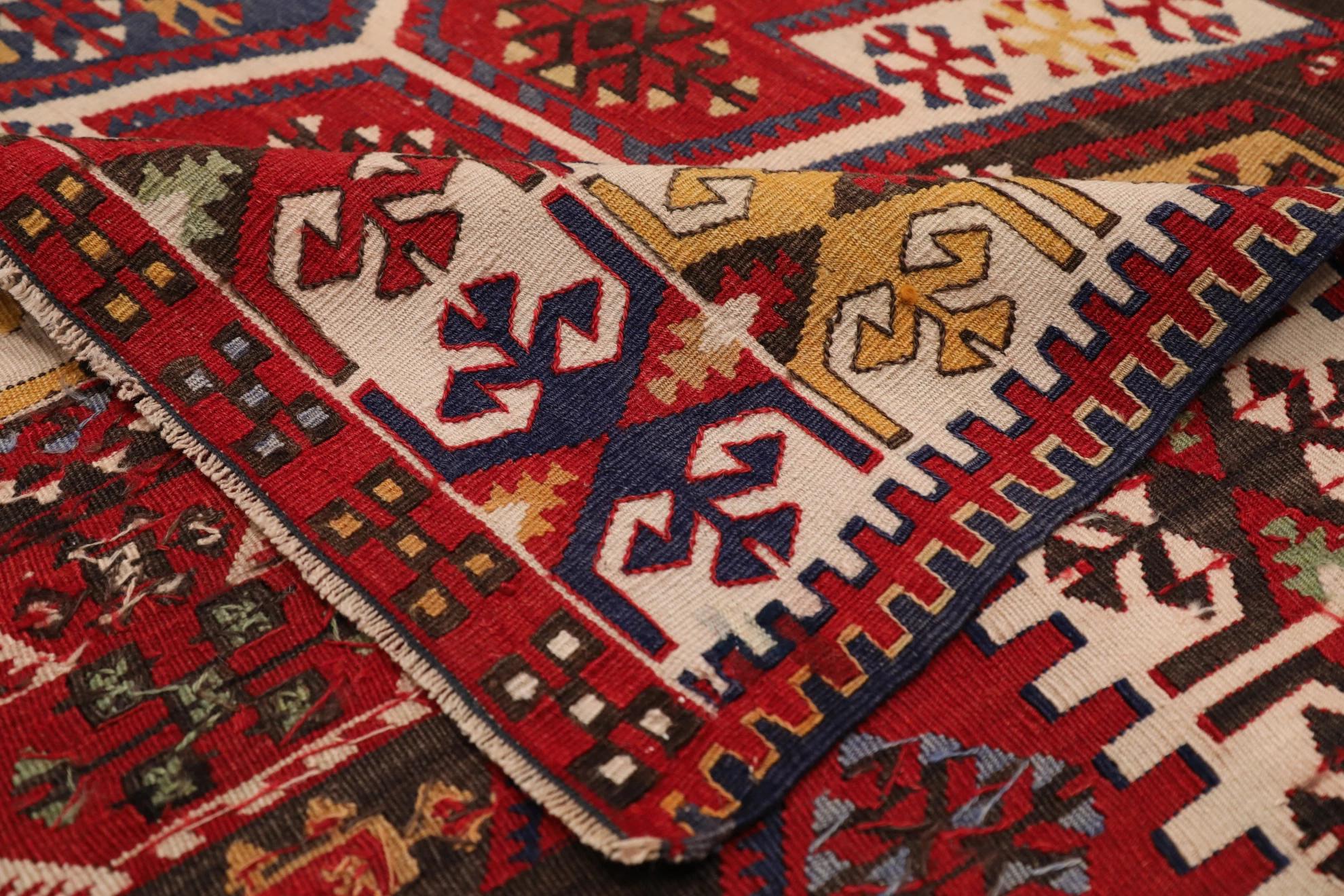 Antique Russian Area Rug Circa 1910 - Wool Blue Green Ivory Red Design - 99583 In Excellent Condition For Sale In Dallas, TX