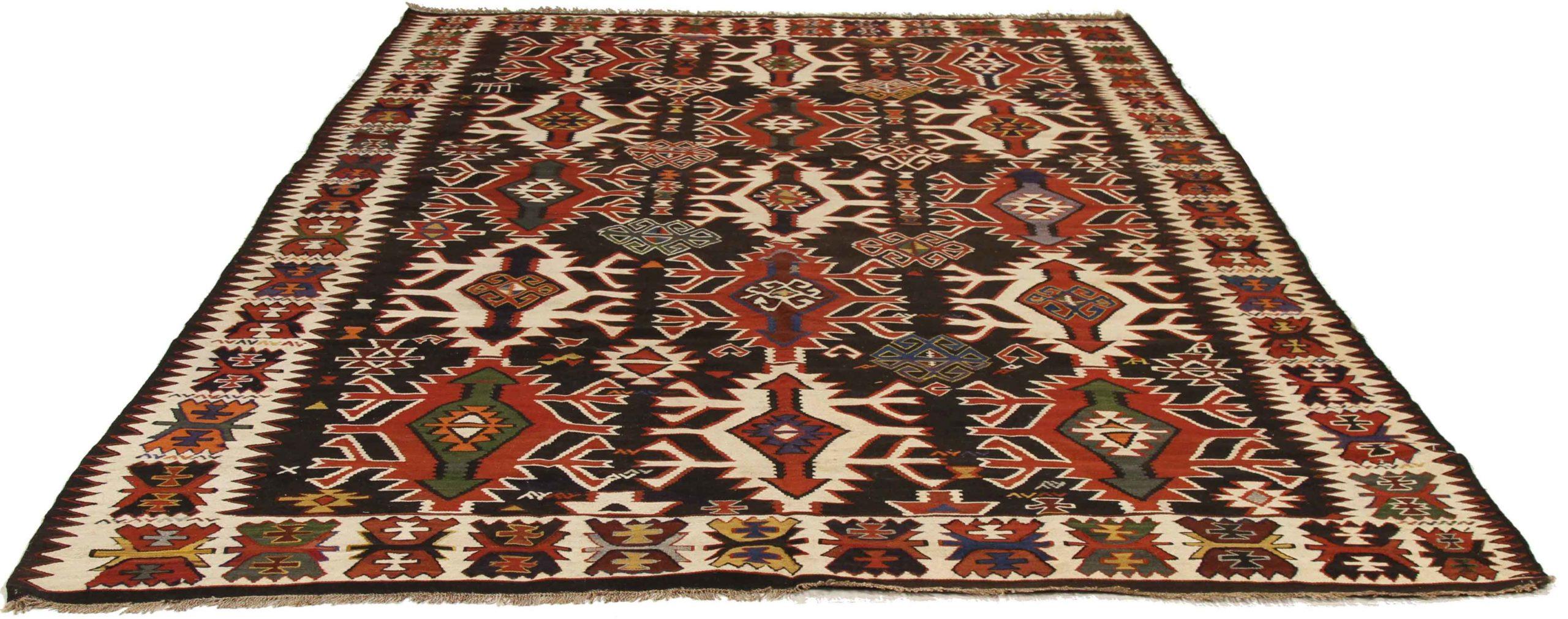 Discover the elegance of Russian Kilim featuring Area Rugs in Circa 1940. Designed with Wool and BlackIvoryRed, this exclusive design is perfect for enhancing your space.