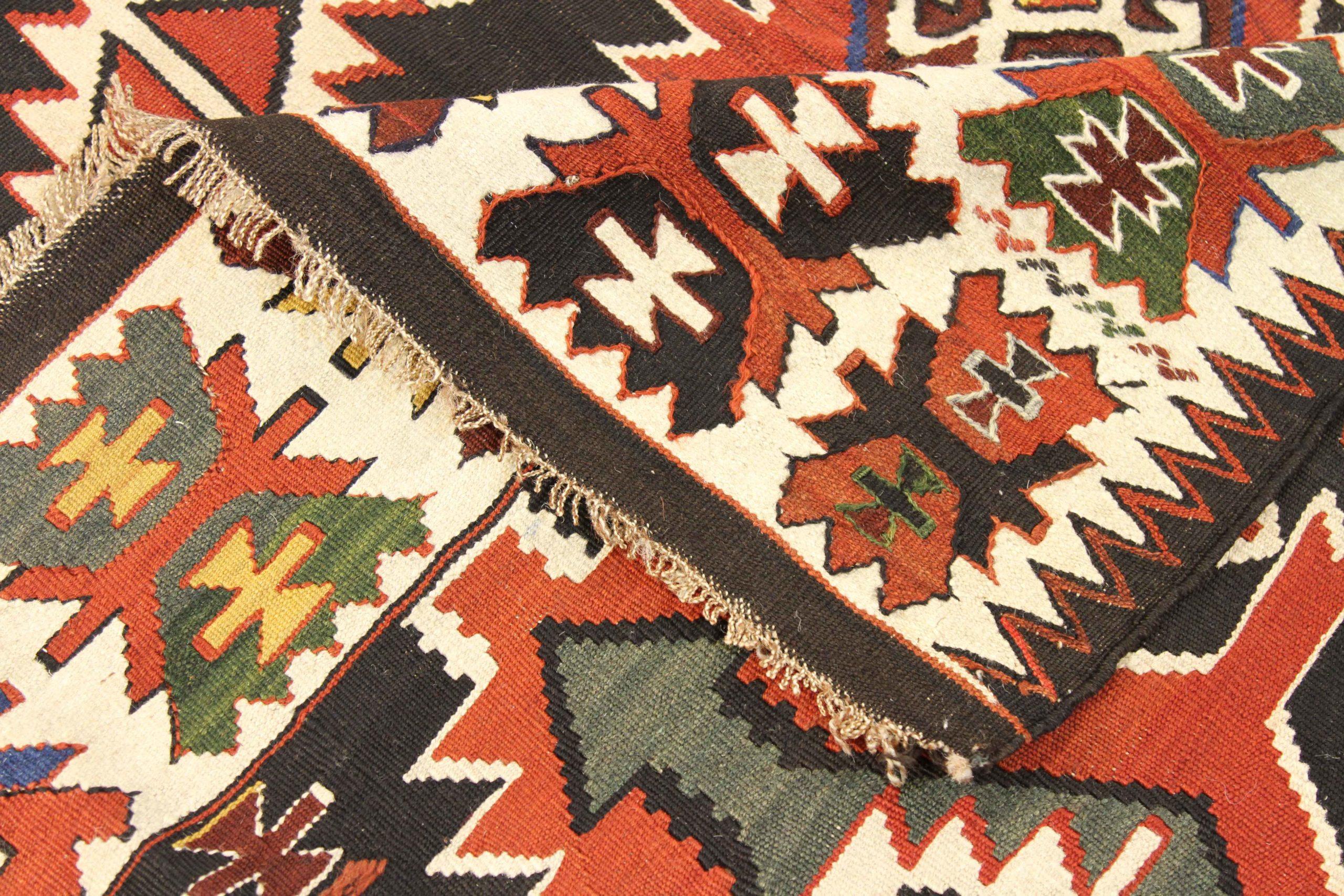 20th Century Russian Kilim Area Rugs Circa 1940 - Wool Black Ivory Red 72337 For Sale