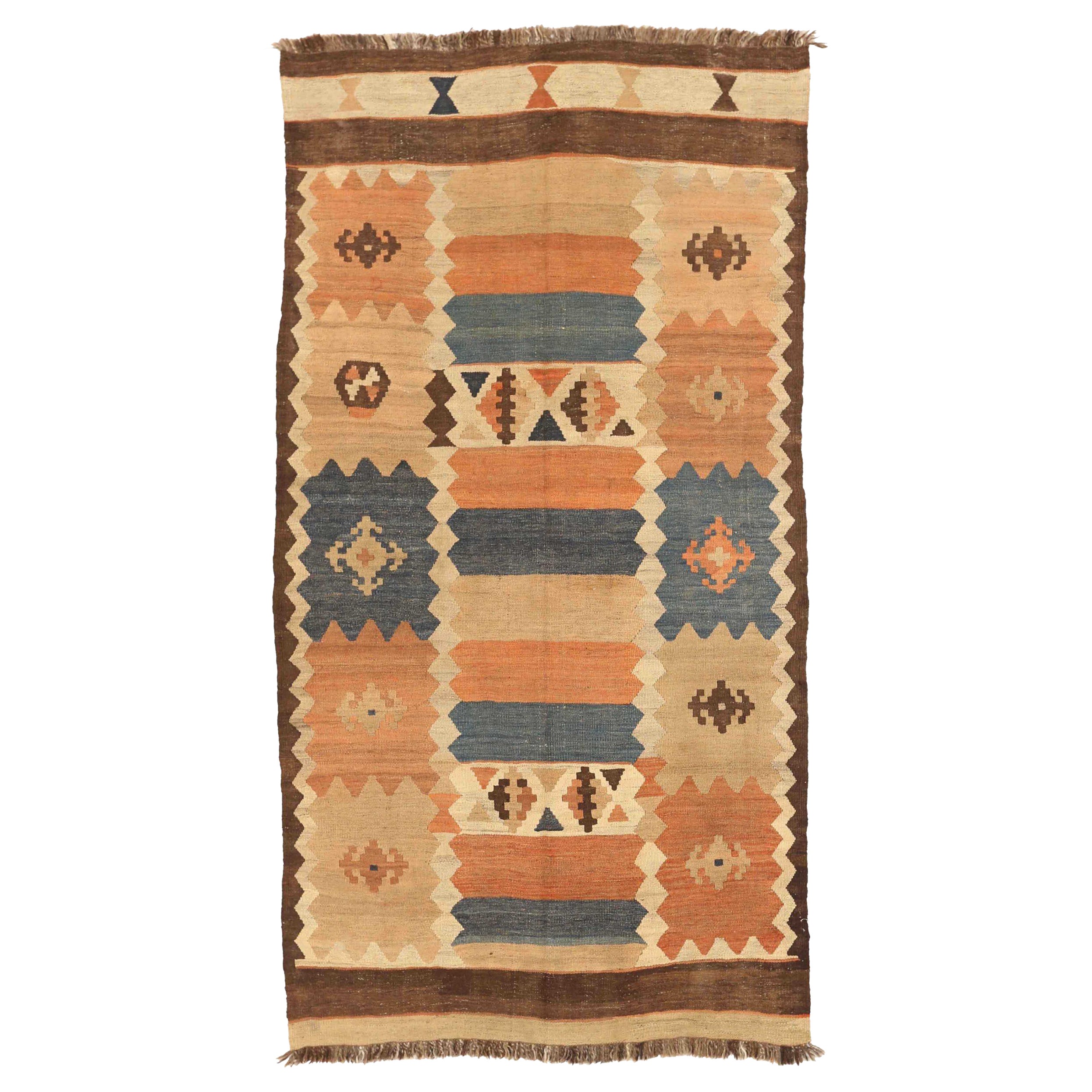 Russischer Kelim-Teppich Circa 1910 - Wolle Blau Elfenbein Rosa 72435