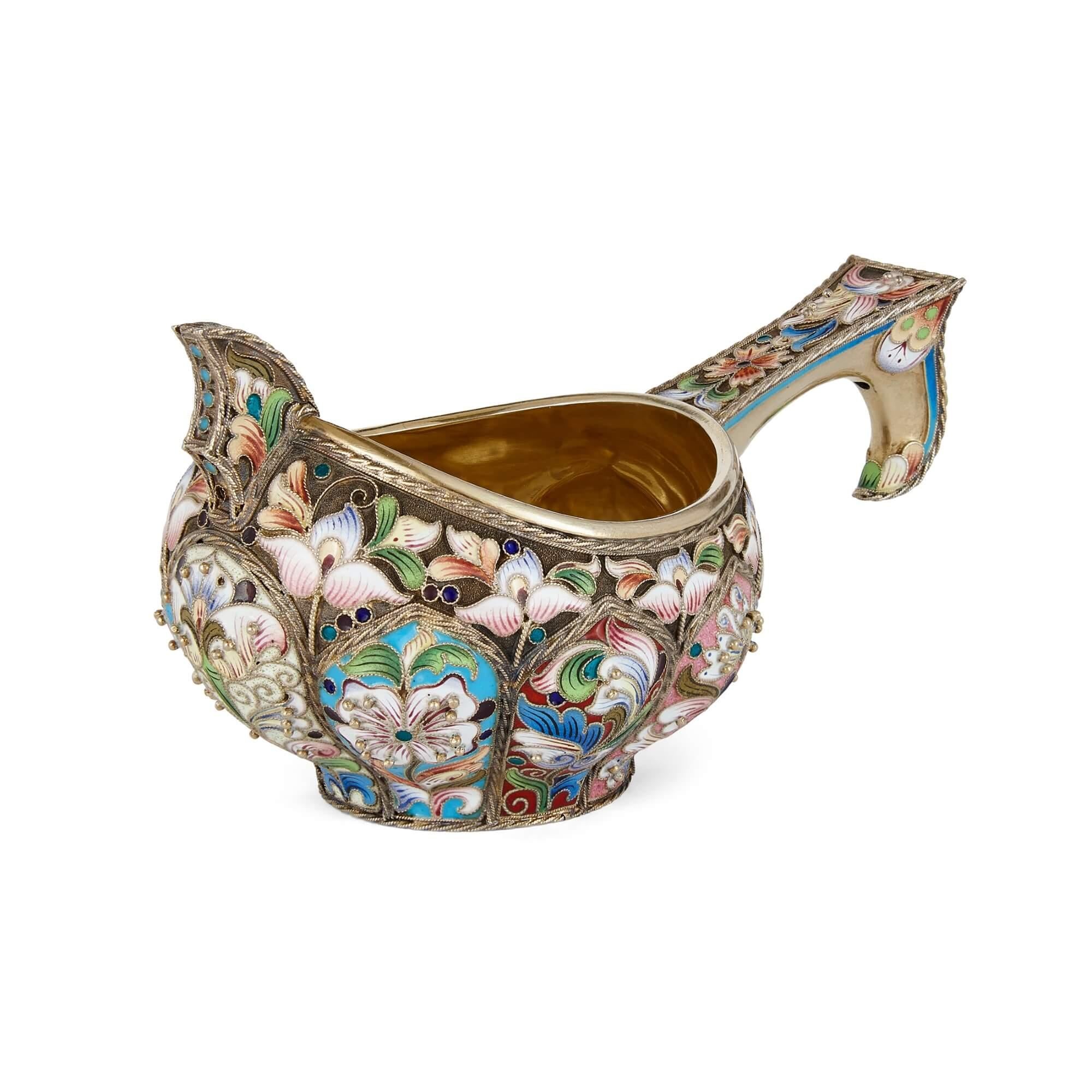 Russian kovsch in silver gilt, cloisonne enamel and silver pearl
Russian, 20th Century
Height 7cm, width 12cm, depth 7cm

This kovsch is a meticulously crafted piece, made by marrying the lustrous appeal of silver gilt, with the vibrancy of