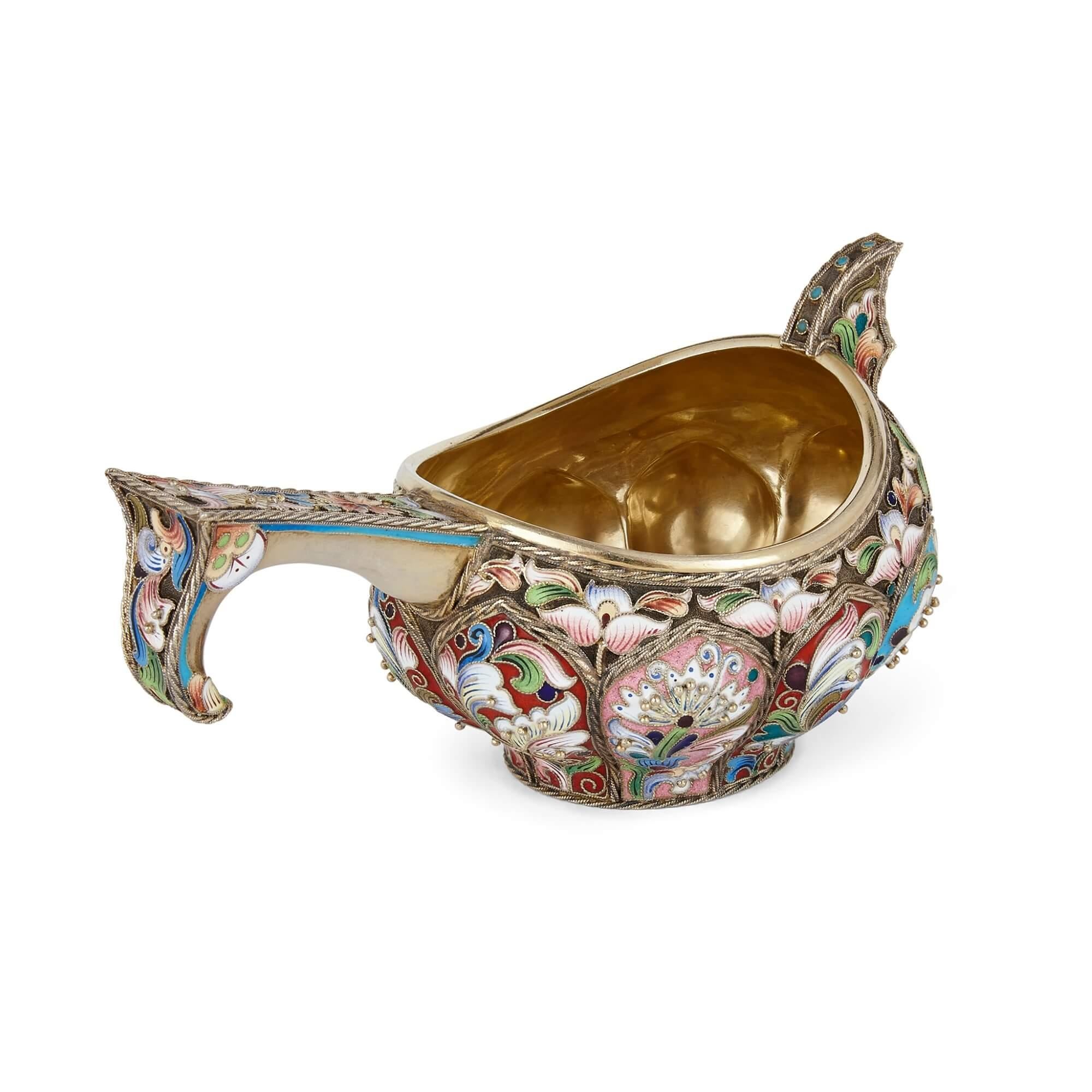 Folk Art Russian Kovsch in Silver Gilt, Cloisonné Enamel and Silver Pearl For Sale