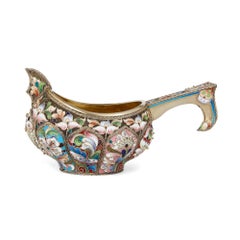 Vintage Russian Kovsch in Silver Gilt, Cloisonné Enamel and Silver Pearl