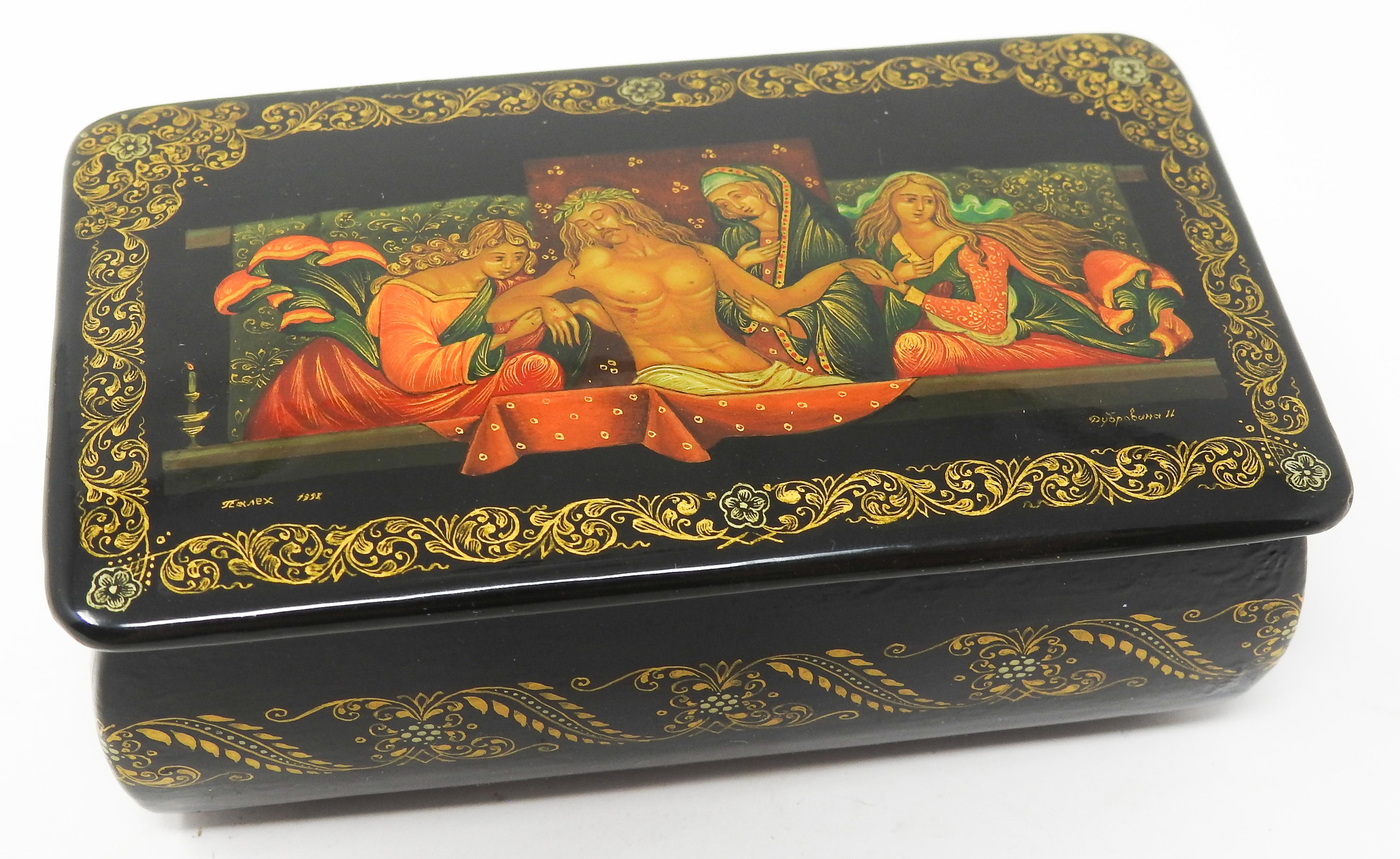 Hand-Painted Russian Lacquer Box of the Removal of Christ from the Cross For Sale