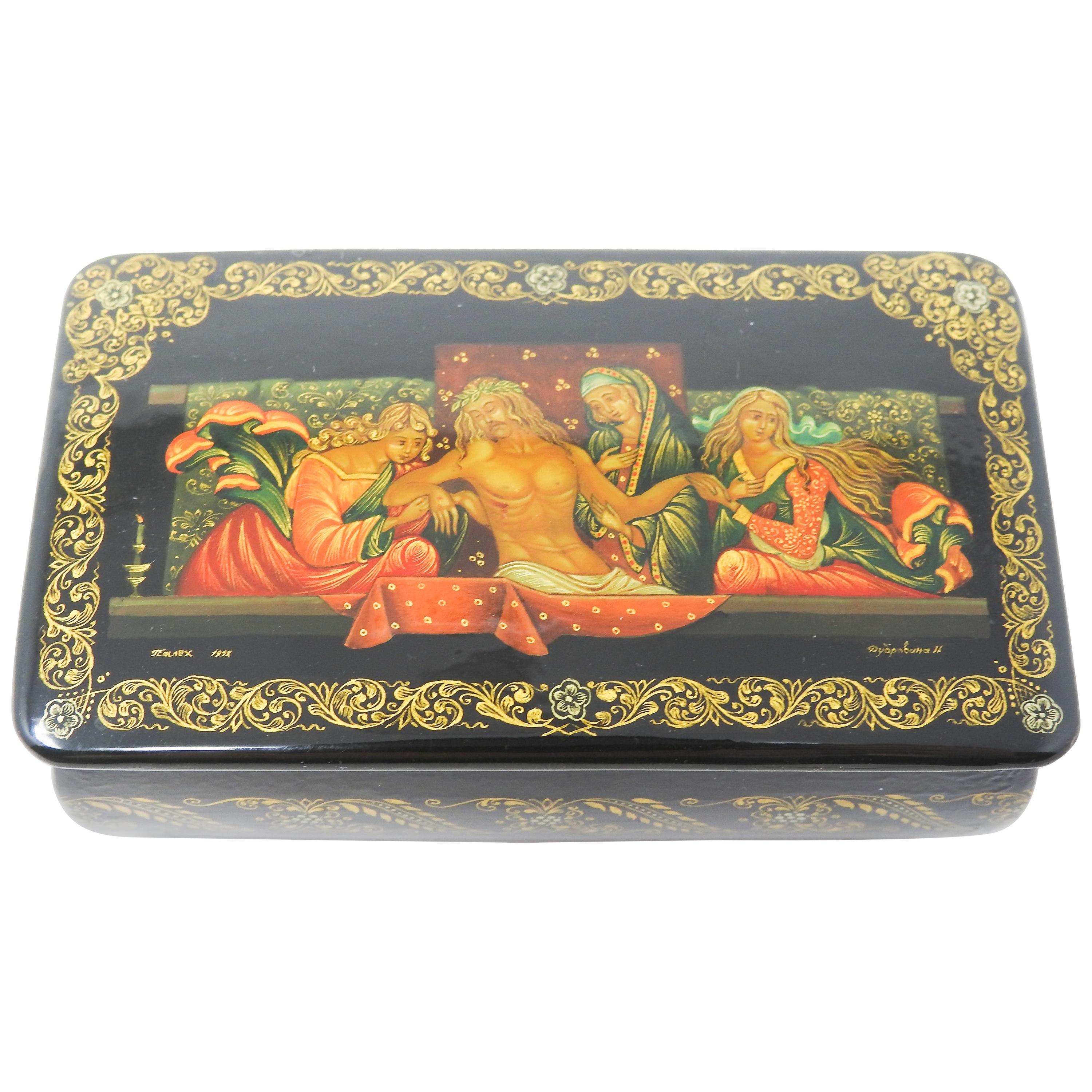 Russian Lacquer Box of the Removal of Christ from the Cross For Sale