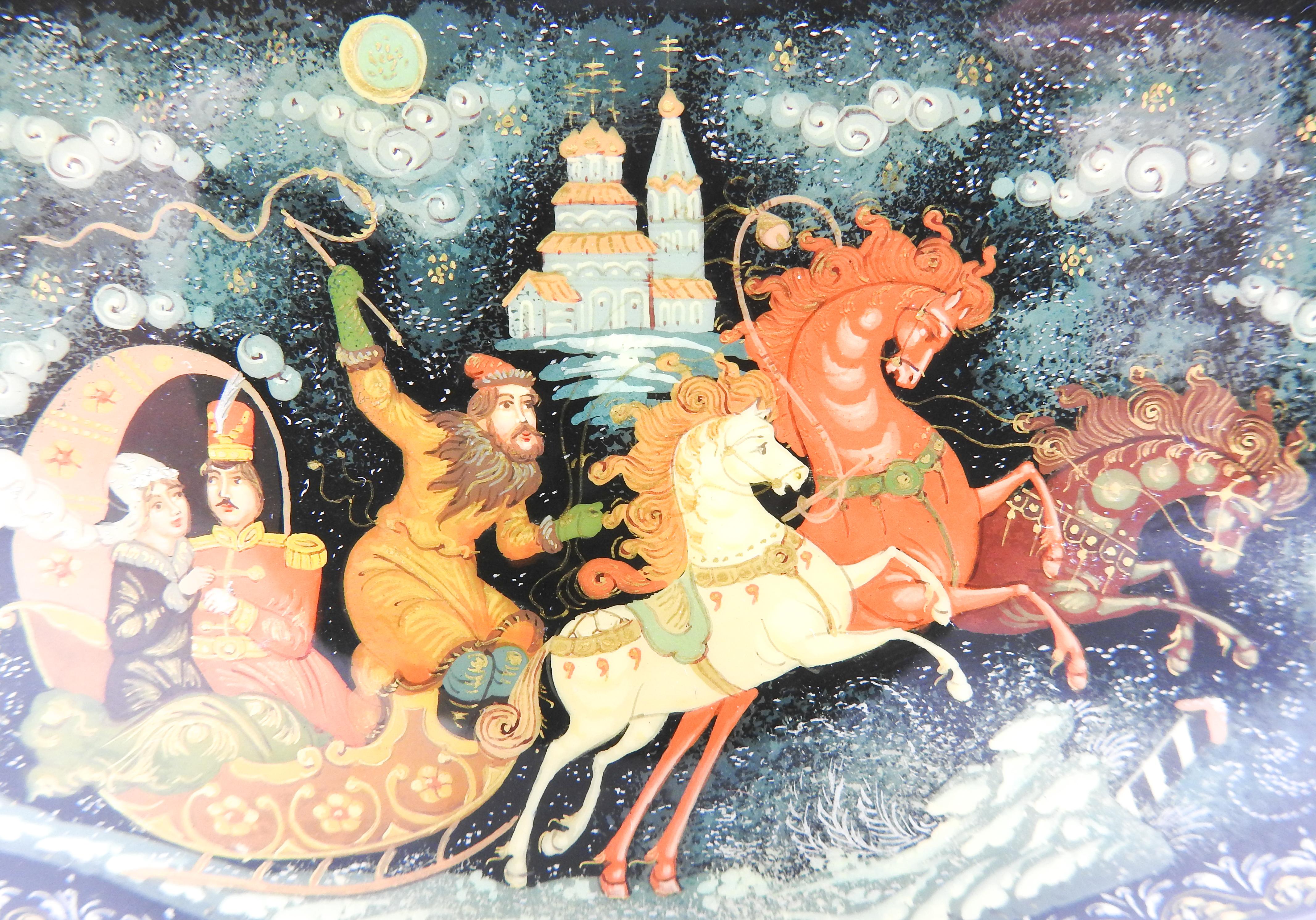 Folk Art Russian Lacquer Box with Flying Chariot For Sale