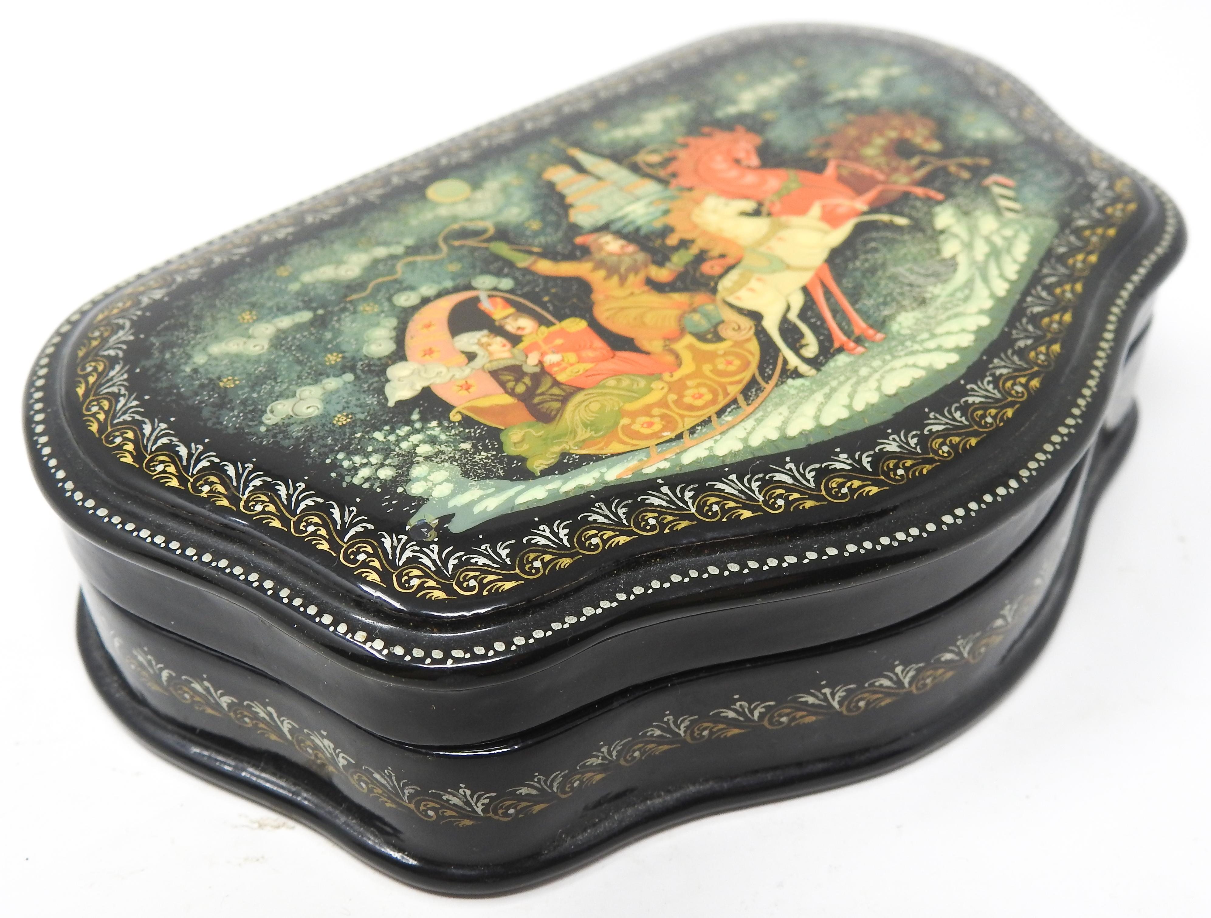 Hand-Painted Russian Lacquer Box with Flying Chariot For Sale
