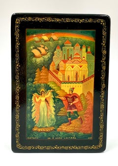 Scatola russa in lacca dipinta a mano "Racconto dello Zar Saltan", Mstera, firmata dall'artista