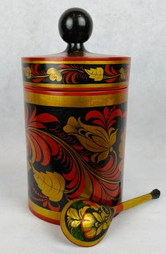 Russian Lacquered Linden Wood Tea Cannister with Matching Spoon