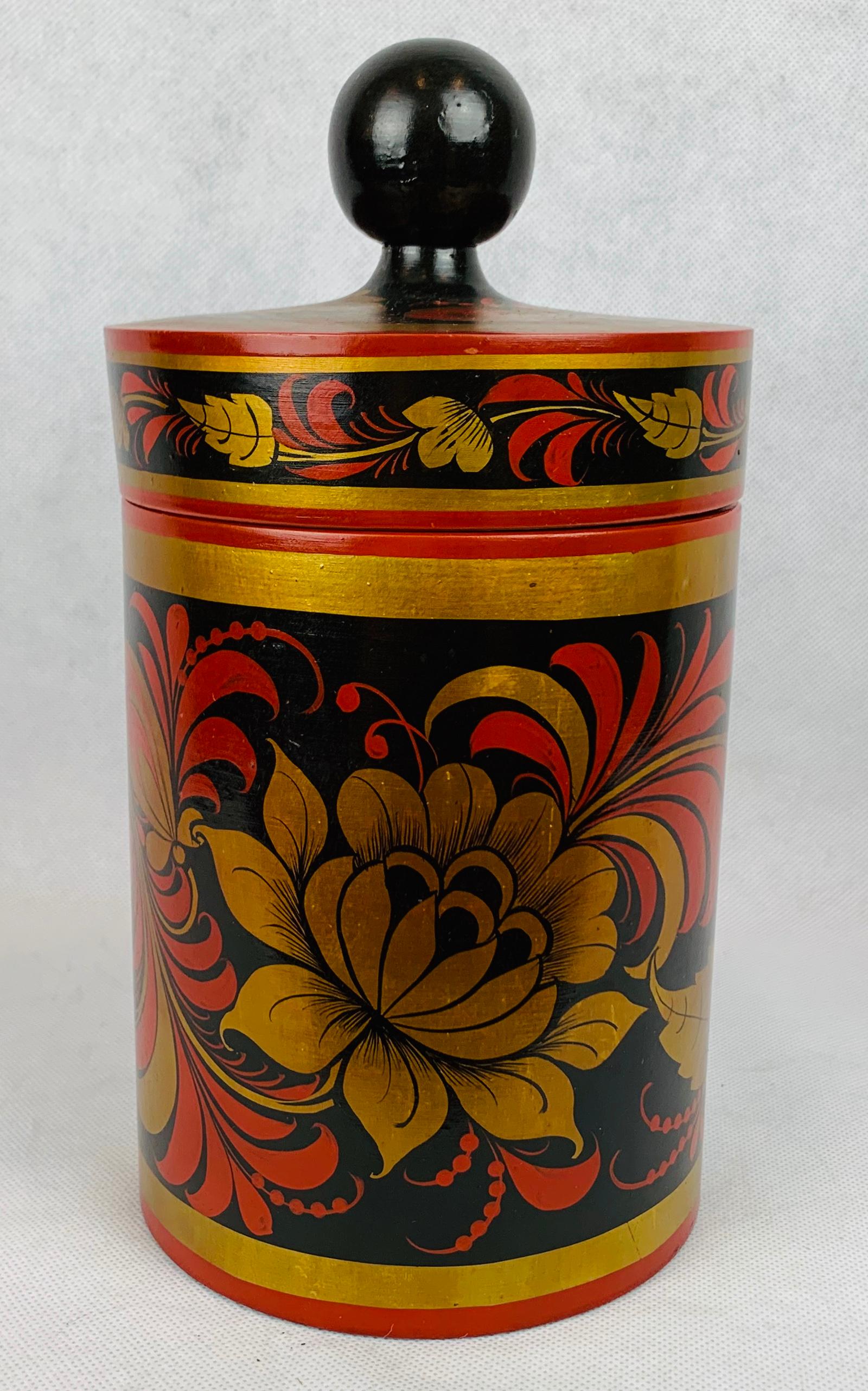 Folk Art Russian Lacquered Linden Wood Tea Cannister with Matching Spoon