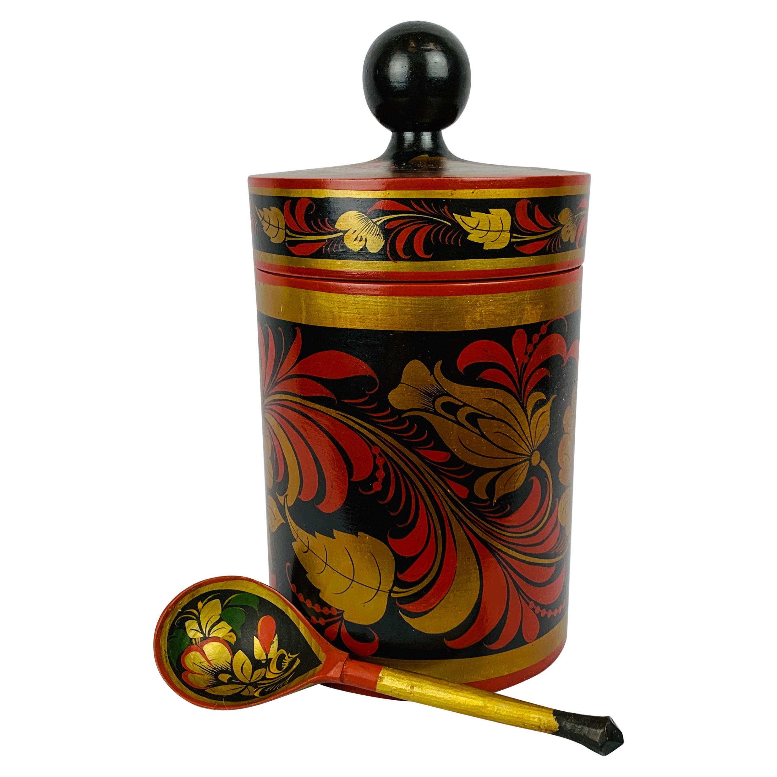 Russian Lacquered Linden Wood Tea Cannister with Matching Spoon