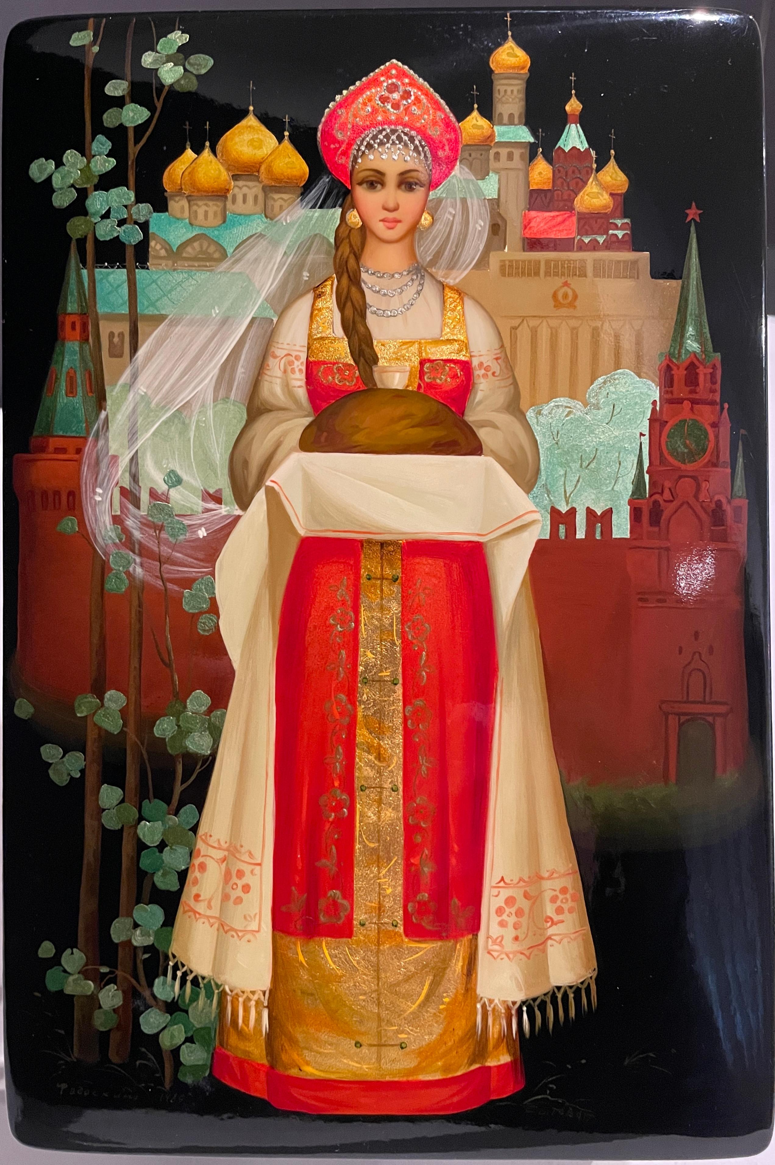 This exquisite Russian Fedoskino black lacquered papier-mache box. Young woman in traditional attire. The historic village of Fedoskino is famous for its production of decorative lacquer boxes, dating back to the late 18th century. Markings include