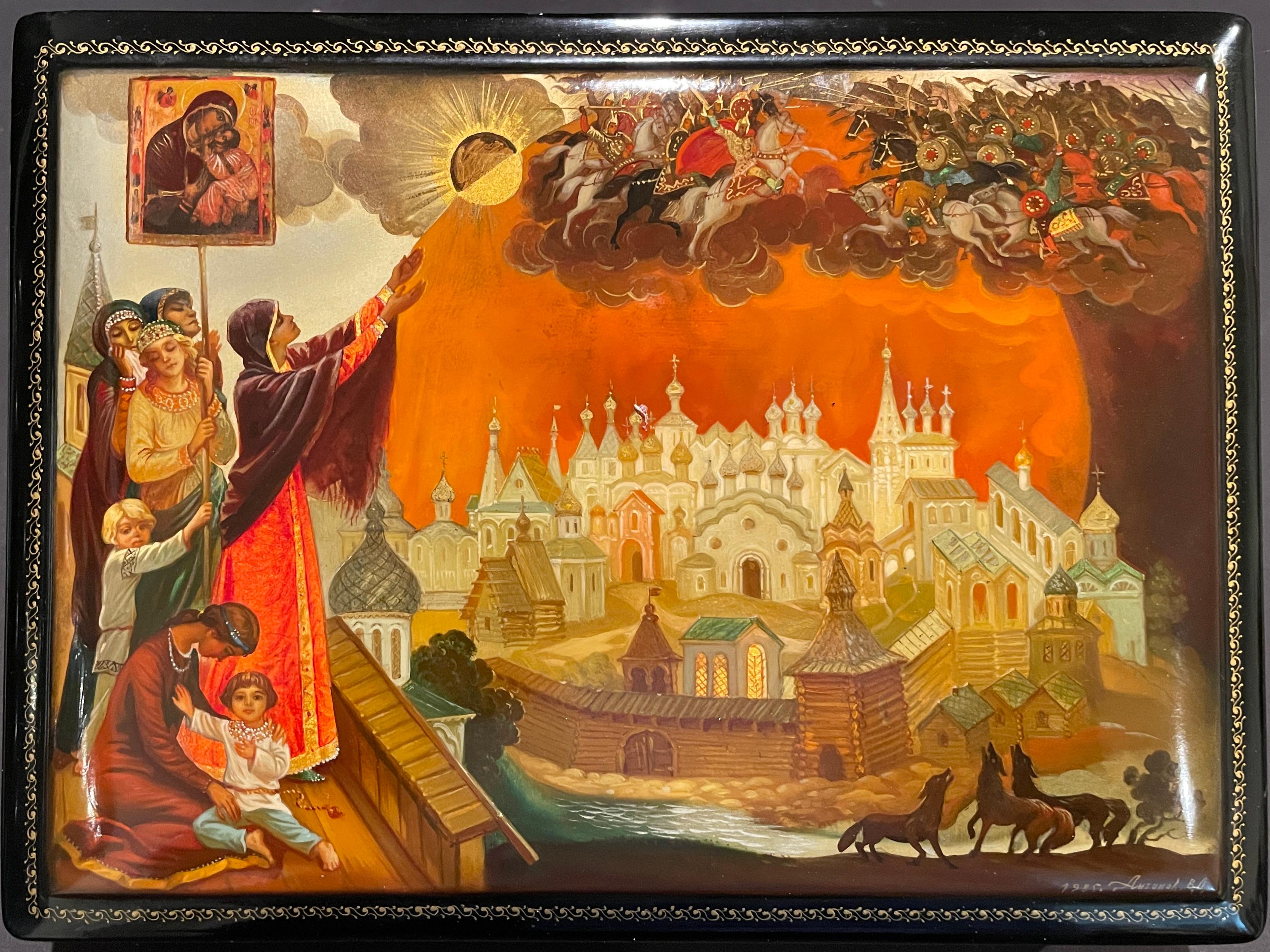 This exquisite Fedoskino, Russian black lacquered papier-mache box. Featuring a religious battle scene to protect the city with horses, prayers, icon women and children as well as wolves howling. Highest quality painting.The historic village of