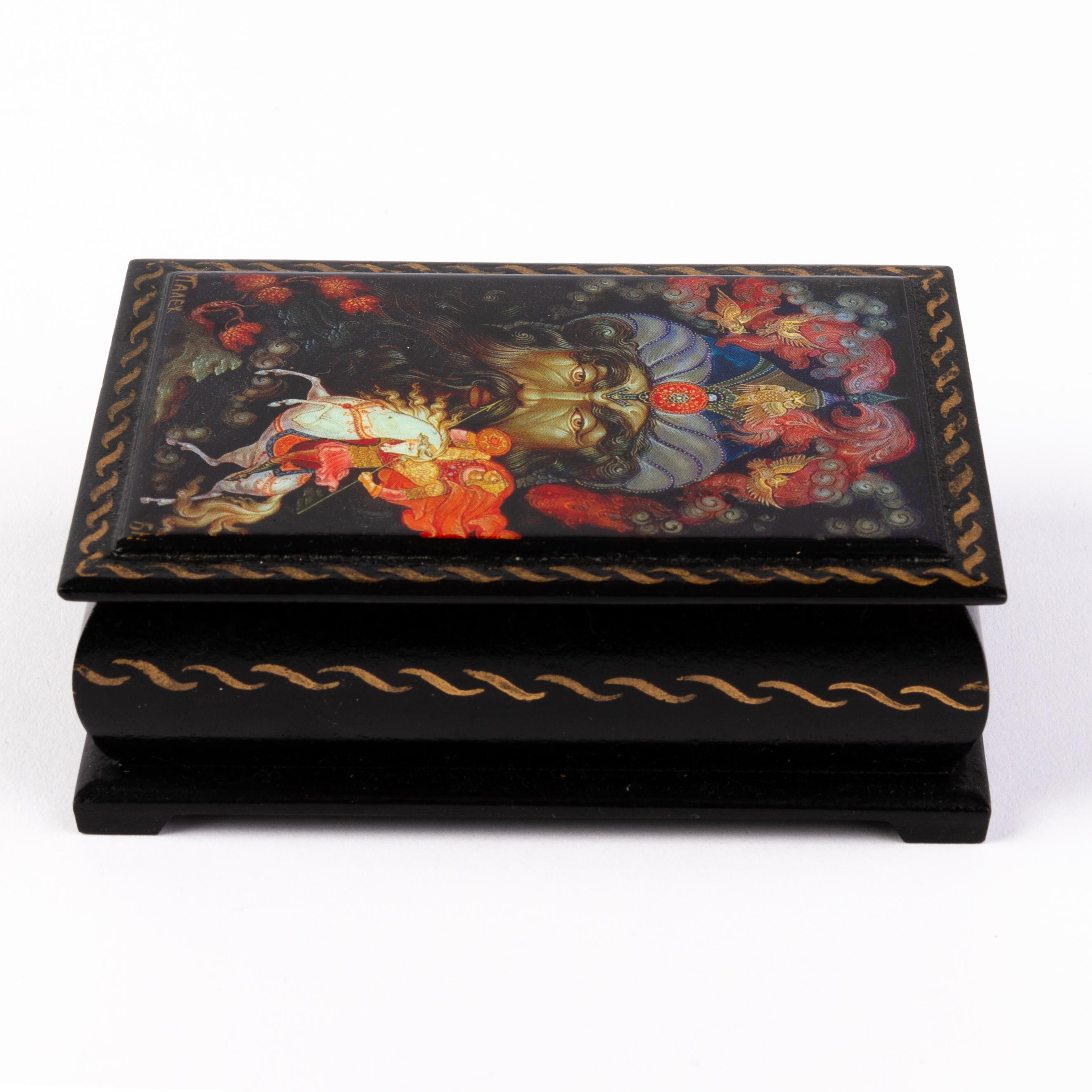 Russian Lacquered Folk Fairytale Hinged Box For Sale 1