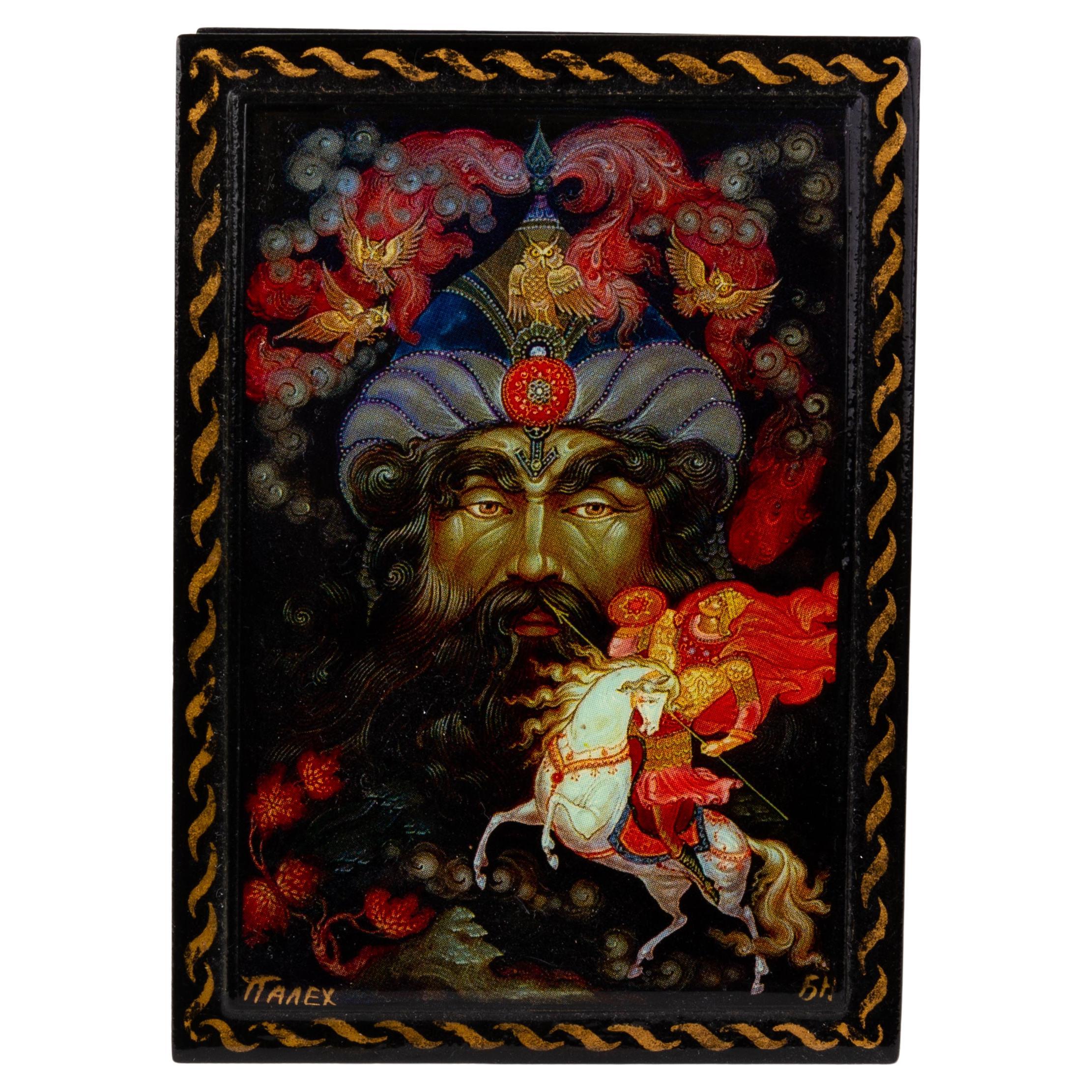 Russian Lacquered Folk Fairytale Hinged Box For Sale