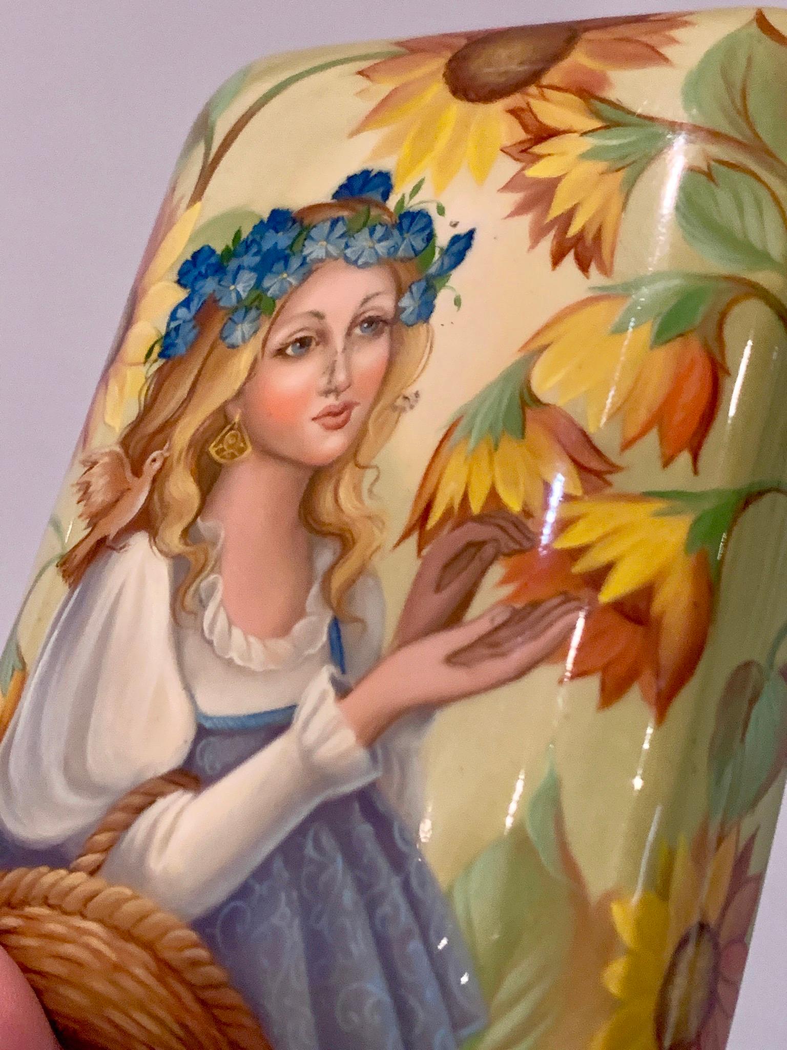 Late 20th Century Russian Lacquered Small Decorative Box 'Girl with Sunflowers' by Fedoskino 