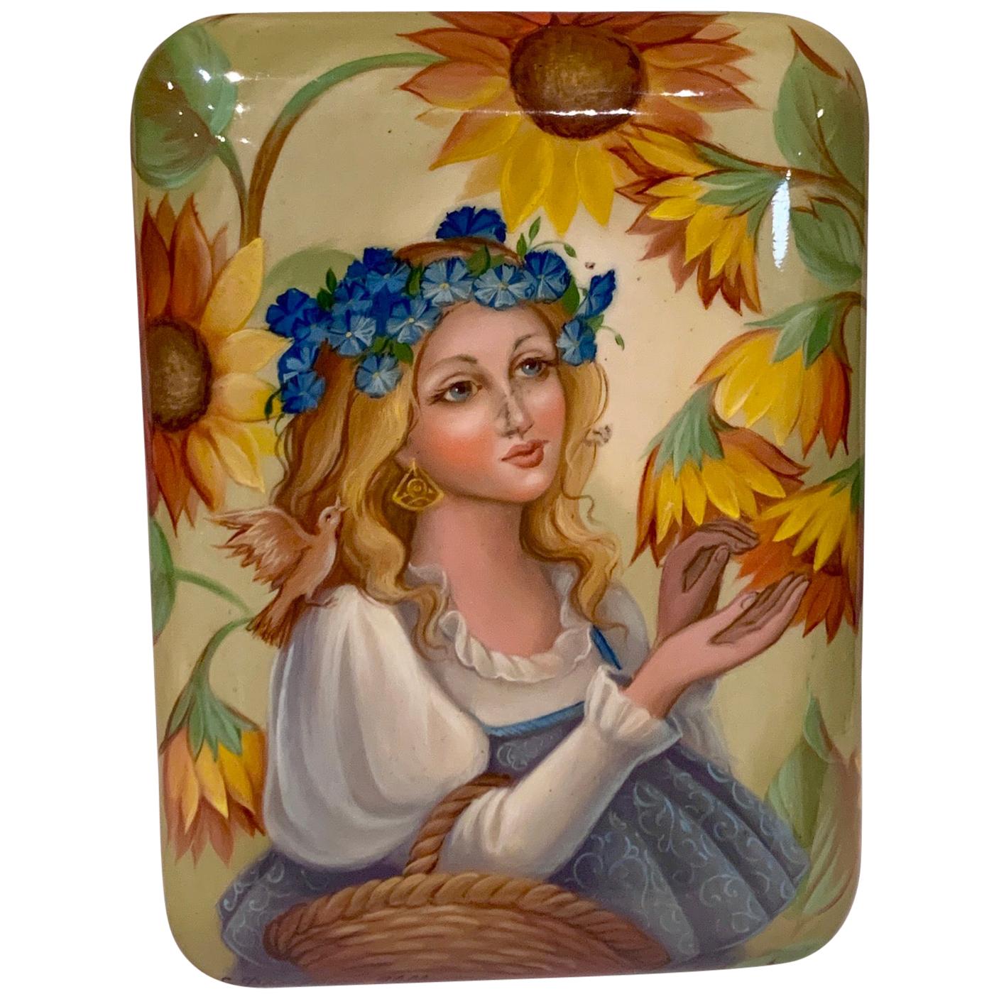 Russian Lacquered Small Decorative Box 'Girl with Sunflowers' by Fedoskino 
