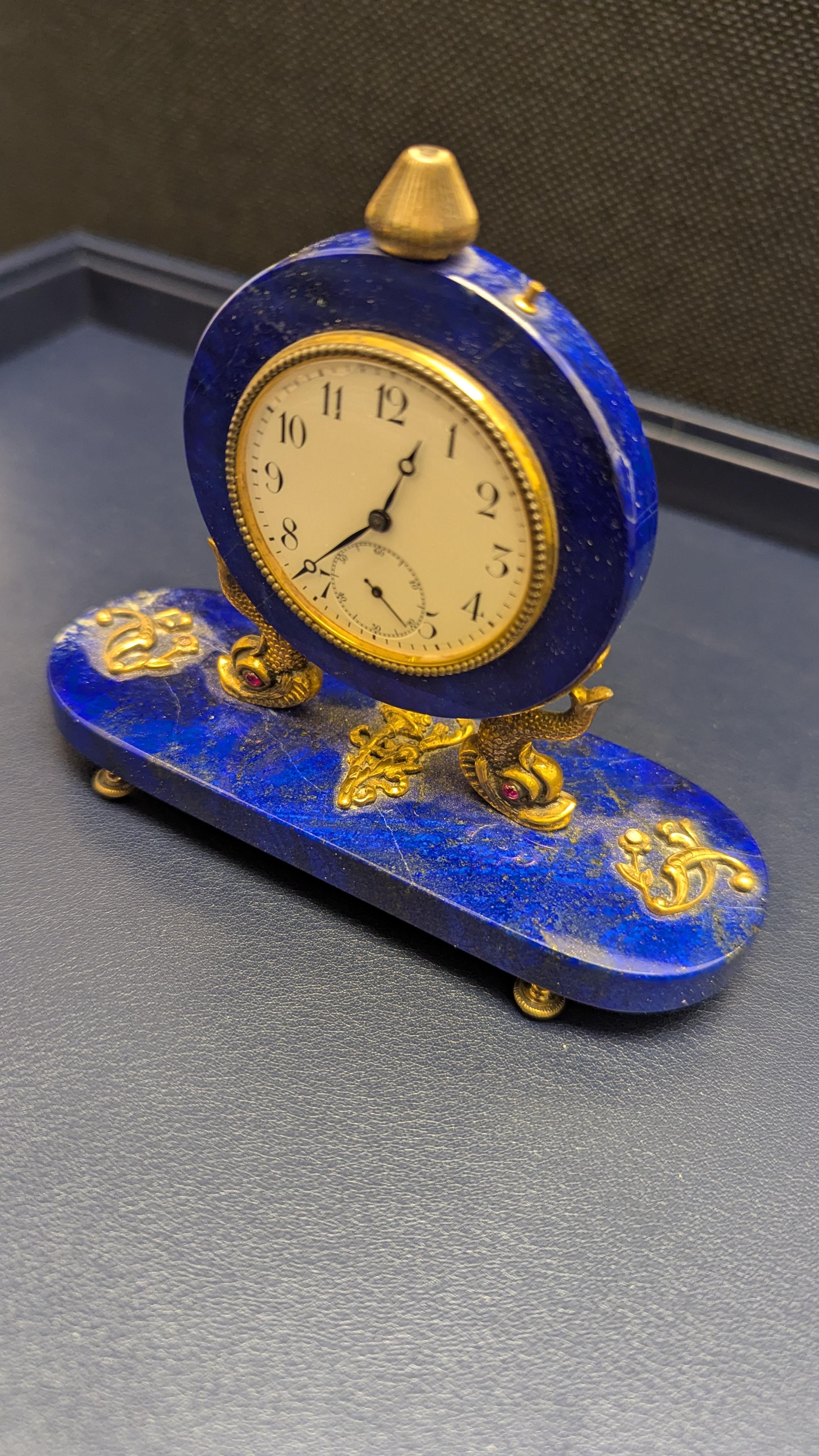 Russian Lapis Lazuli, Silver-Gilt and Gem-Set Paper Weight Desk Clock For Sale 5