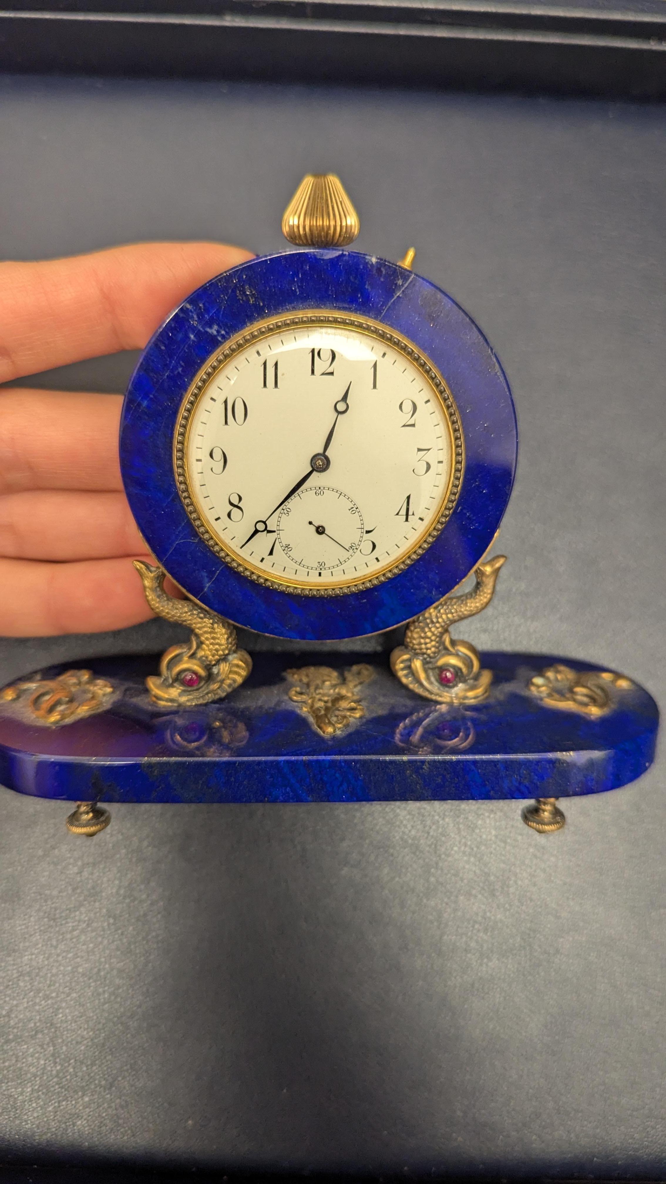 Round Cut Russian Lapis Lazuli, Silver-Gilt and Gem-Set Paper Weight Desk Clock For Sale