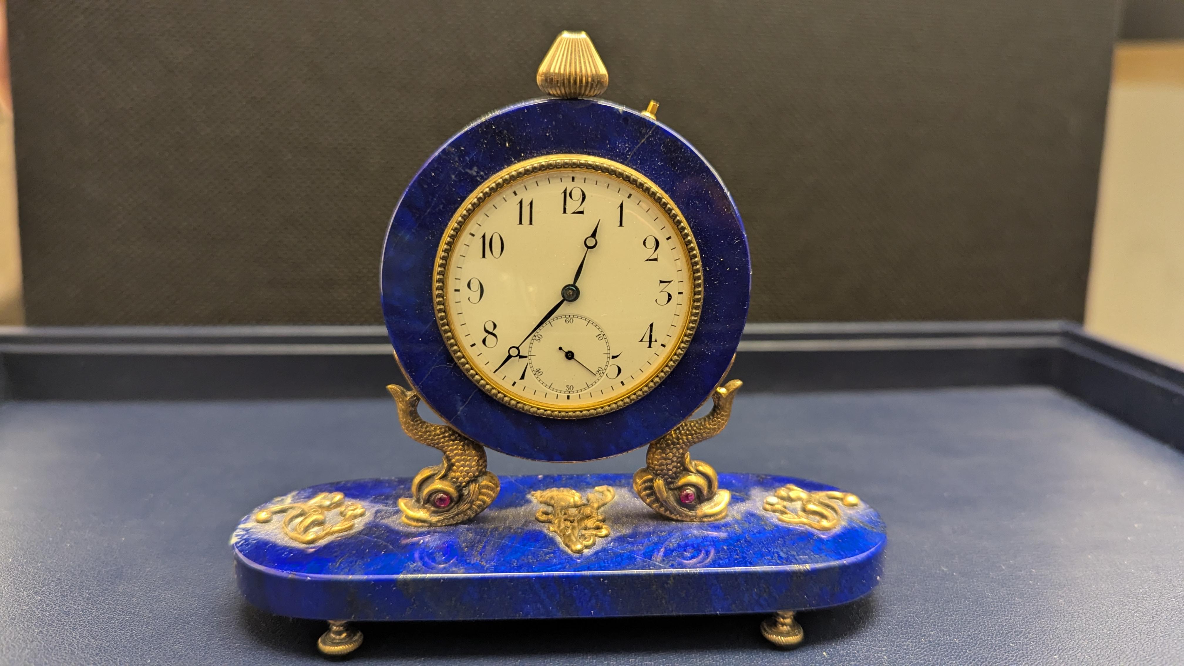 Russian Lapis Lazuli, Silver-Gilt and Gem-Set Paper Weight Desk Clock In Good Condition For Sale In New York, NY
