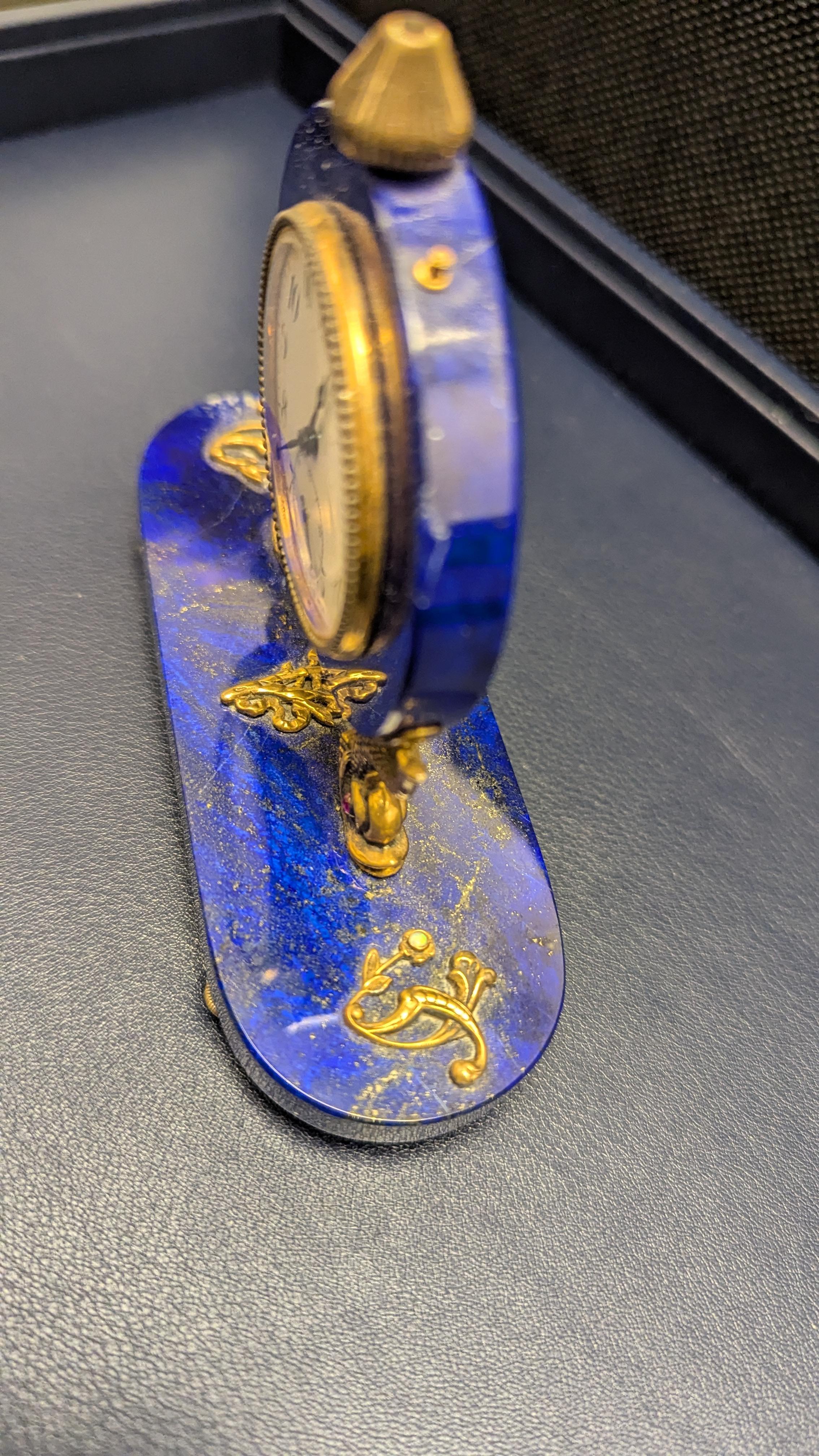 Russian Lapis Lazuli, Silver-Gilt and Gem-Set Paper Weight Desk Clock For Sale 1